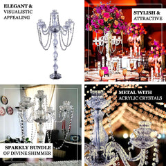 4-Arm Crystal Chandelier Candelabra Silver Metal - Sophisticated Taper Candlestick Holder Table Centerpiece 35"