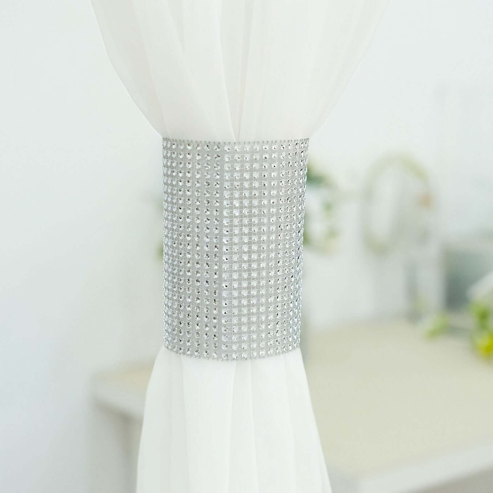 4 Pack Silver Rhinestone Mesh Velcro Backdrop Curtain Bands, Large Chair Sash Clip Tie Backs - 5"X10"