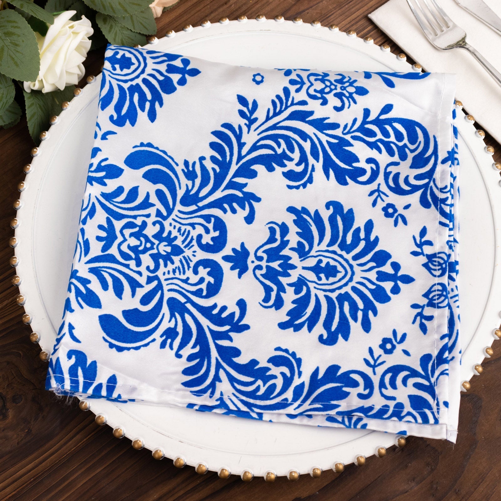 5 Pack Taffeta 20"x20" Napkins Royal Blue/White Damask Flocking Design - Decorative Dinner Napkins