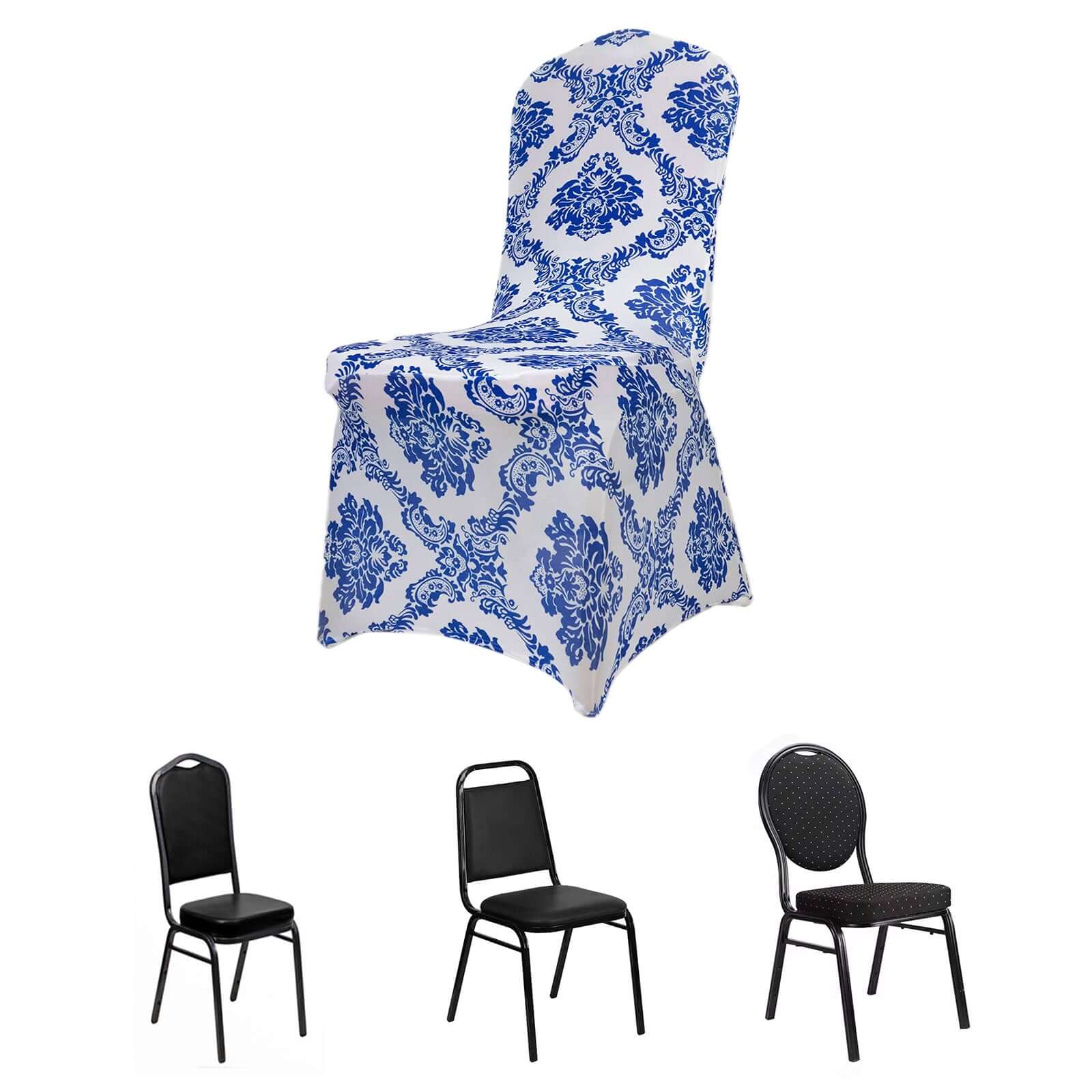 Spandex Banquet Chair Cover Fitted Cover in Royal Blue - Stretch 160gsm Fabric with Foot Pockets & Damask Pattern