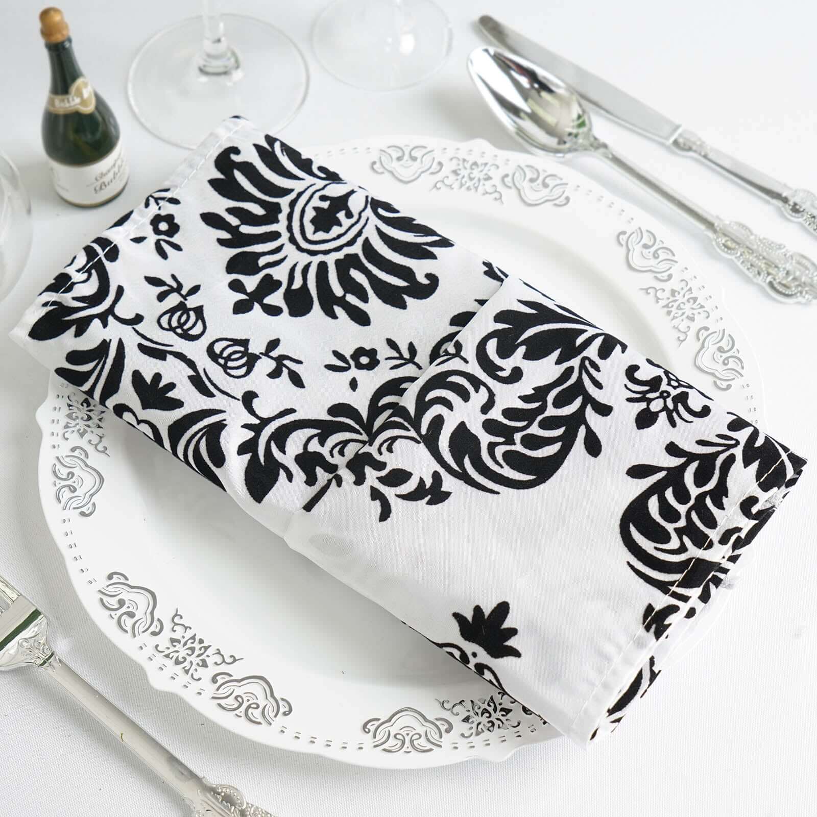 5 Pack Taffeta 20"x20" Napkins Black/White Damask Flocking Design - Decorative Dinner Napkins with a Luxurious Touch