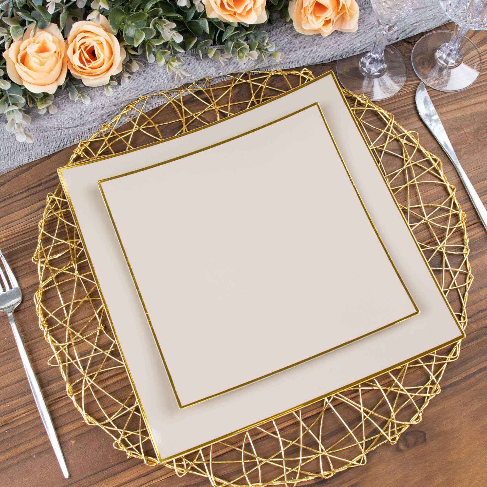 10-Pack Plastic 8" Square Dessert Plates in Taupe Concave Style with Gold Rim - Modern Disposable Salad Appetizer Party Plates
