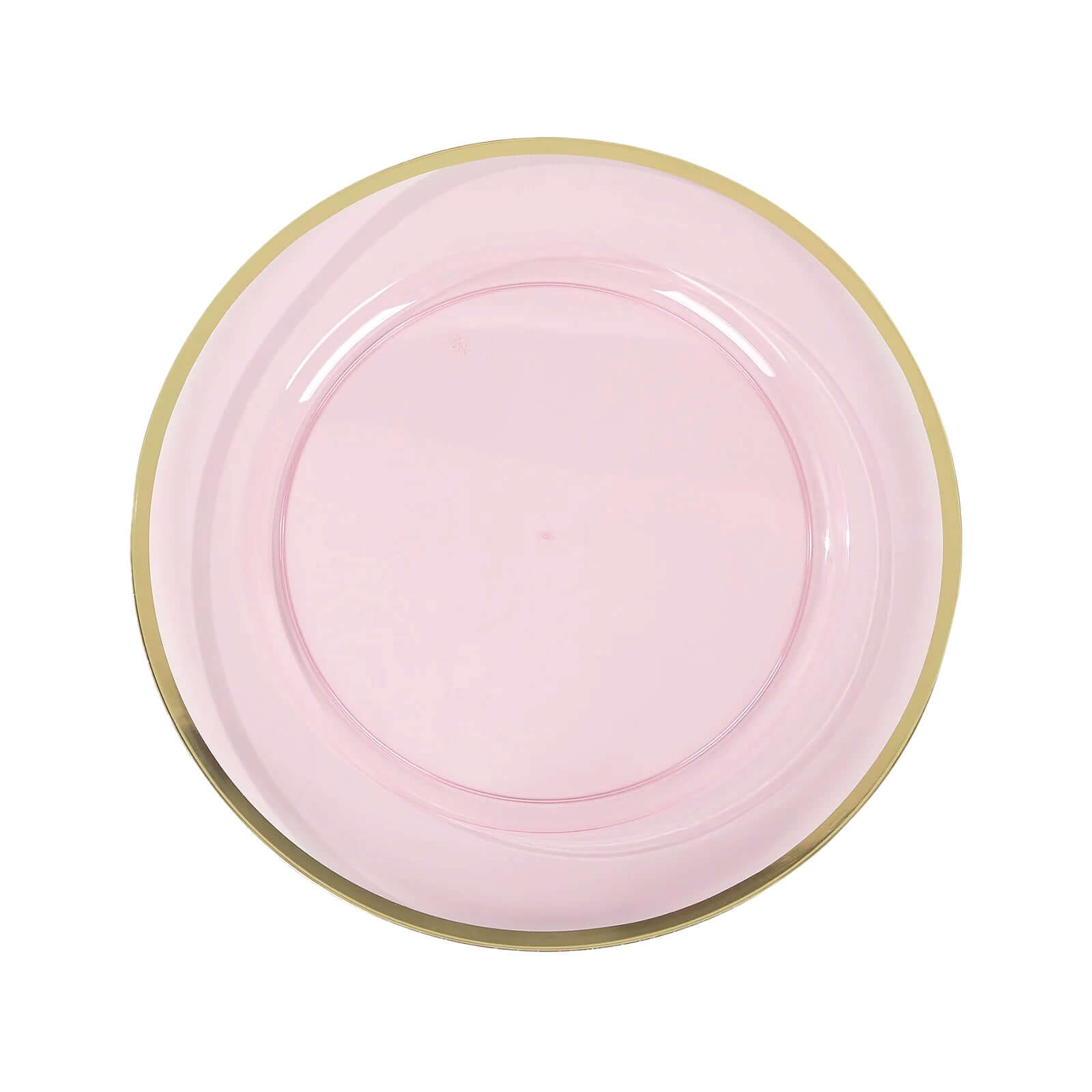 10-Pack Economy Plastic Round Charger Plates 12" in Transparent Blush with Wide Gold Rim, Decorative Dinner Party Serving Plates