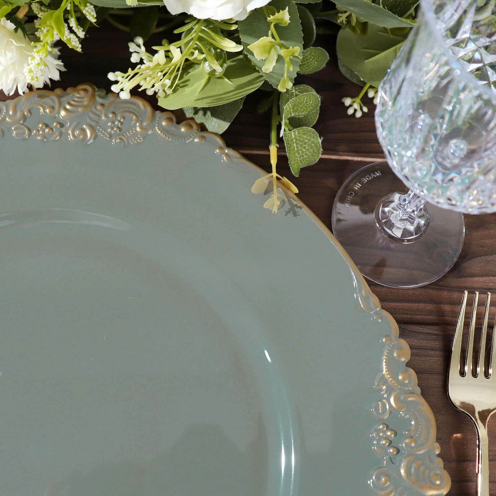 6-Pack Acrylic Round Charger Plates 13" in Olive Green with Gold Embossed Baroque Rim, Antique Decorative Dinner Party Charger Tableware