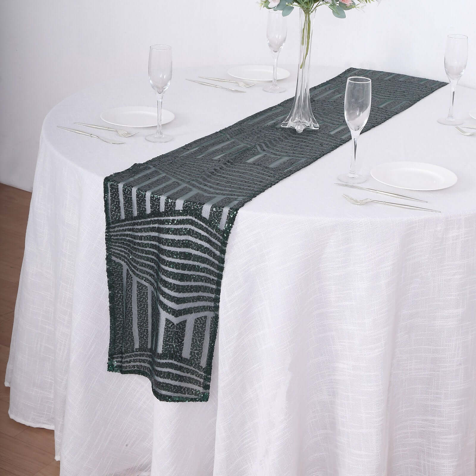 Sequin 12"x108" Table Runner Hunter Emerald Green - Diamond Glitz Design