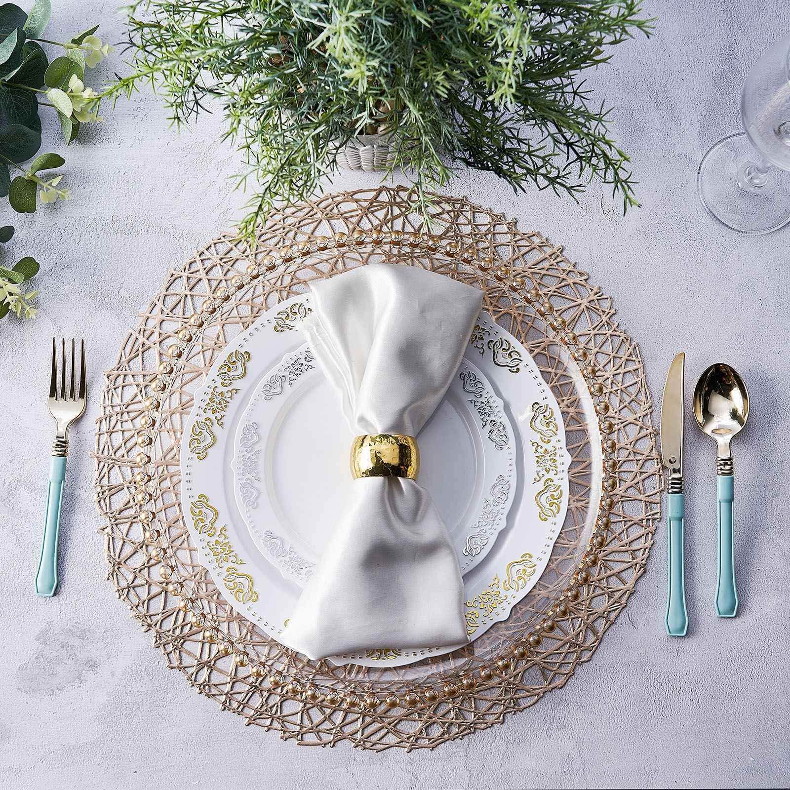 6-Pack Vinyl Placemats Champagne Woven Design - Durable Non-Slip Round Table Mats for Dining 15"