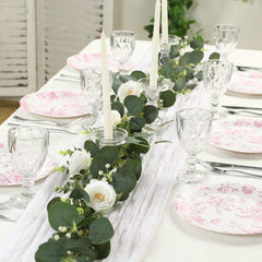 25-Pack Paper 9" Round Dinner Plates in White with Matte Pink French Toile Pattern - Disposable Floral Party Plates