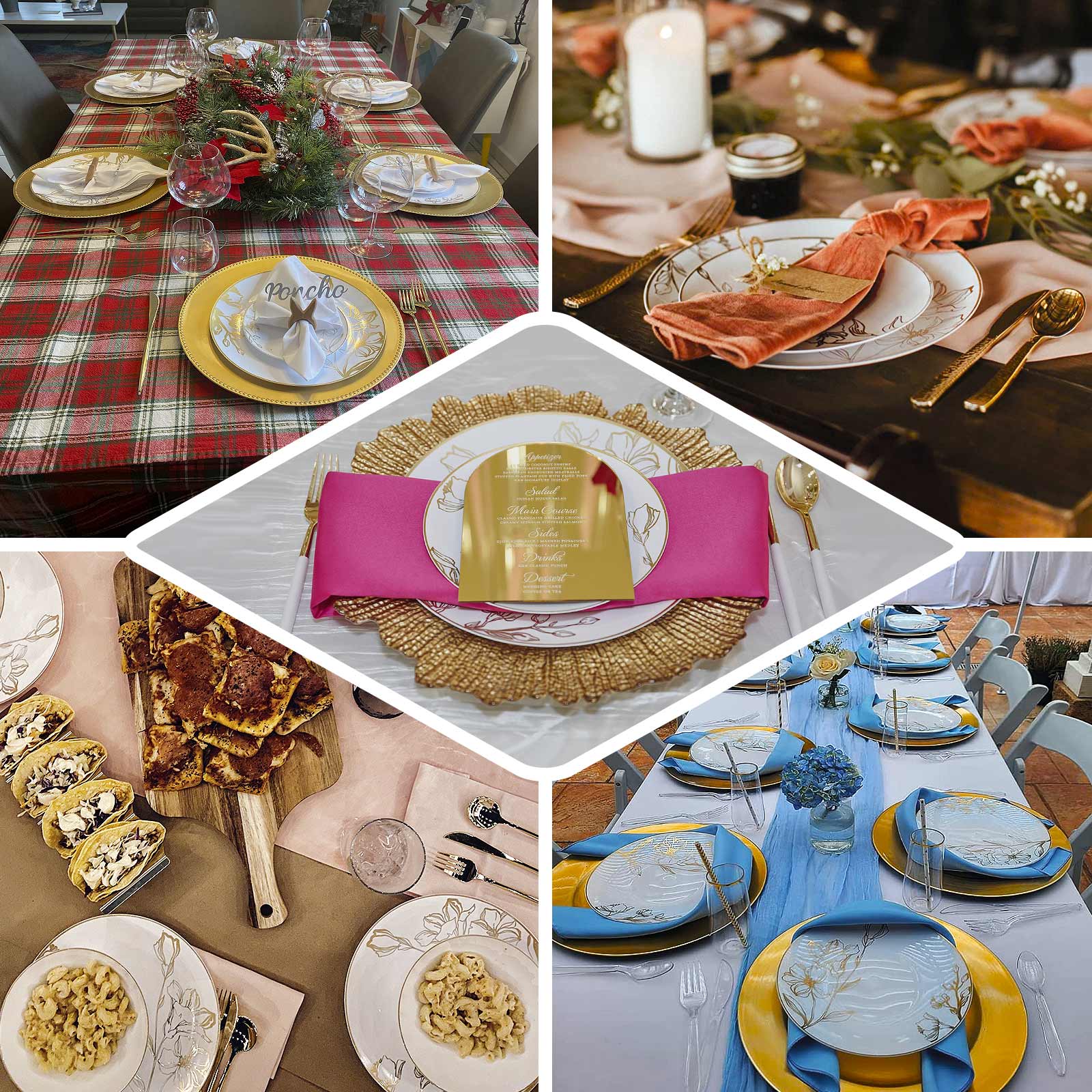 Set of 20 Dusty Blue Plastic Dinner Dessert Plates With Metallic Gold Floral Design, Disposable Round Party Plates - 8",10"