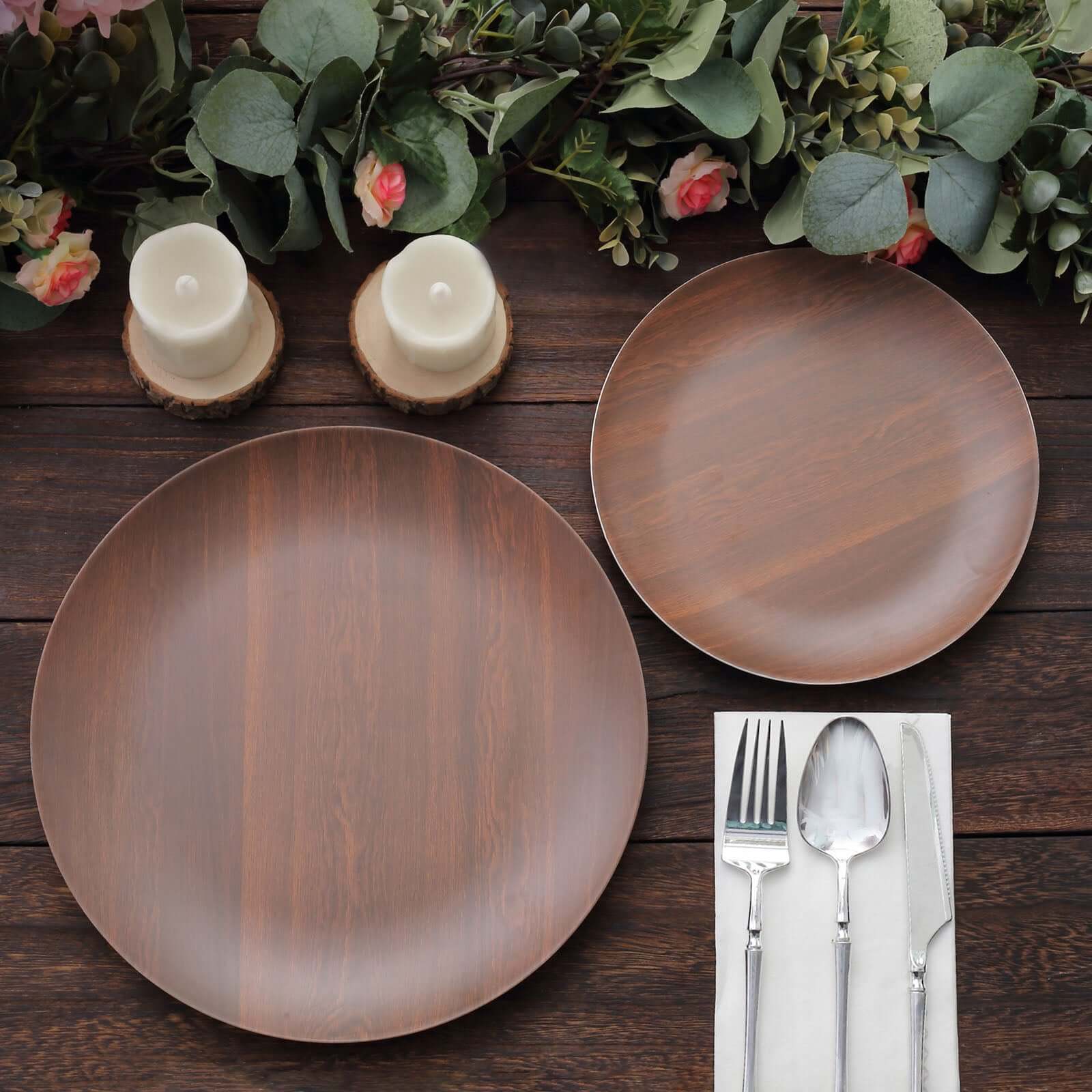 Pack of 6 Melamine 10" Round Dinner Plates in Brown Wood Grain Print - Disposable Shatterproof Party Plates for Rustic Farmhouse-Inspired Table Decor
