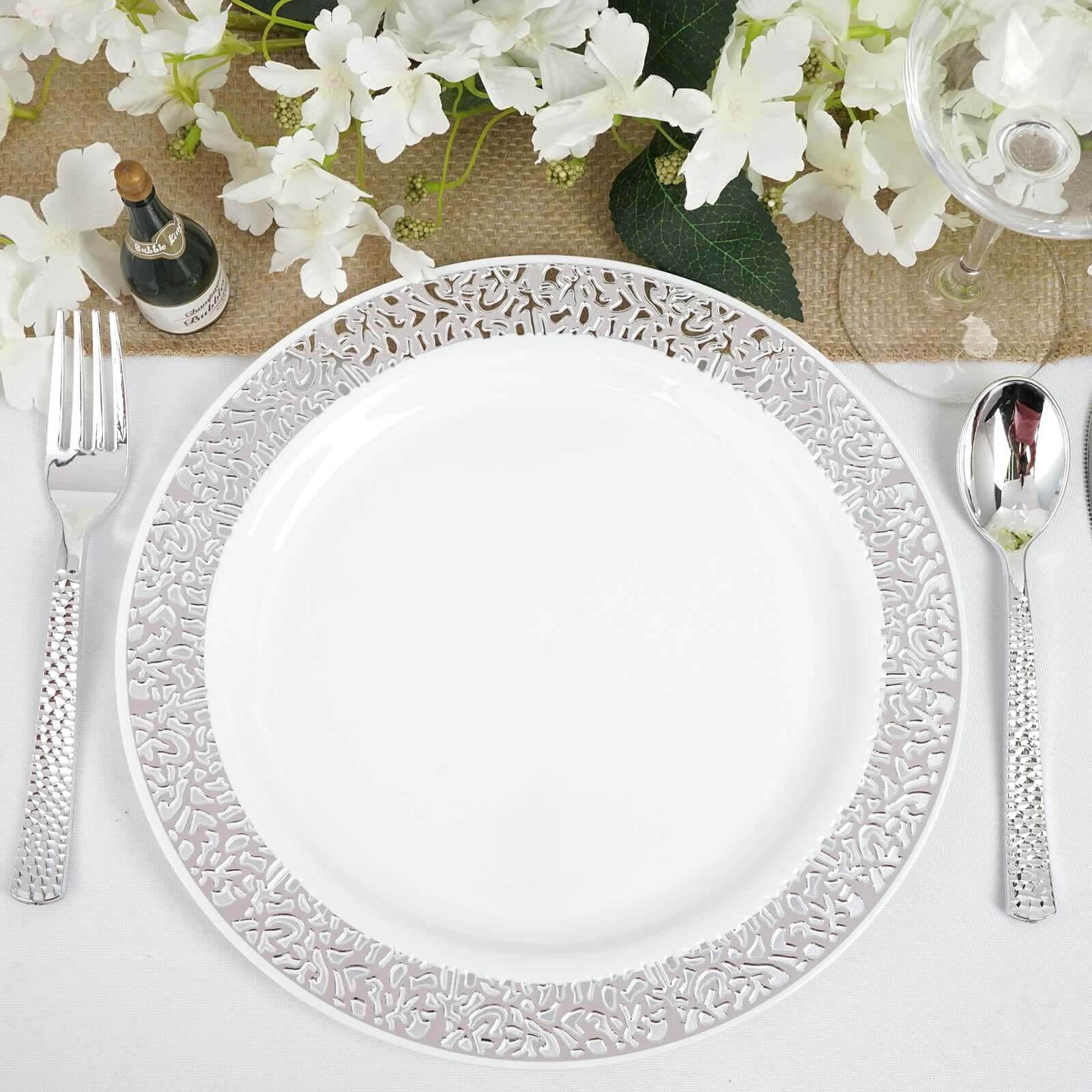 10-Pack Plastic Dinner Plates White with Fancy Silver Lace Rim - Stylish Disposable Plates for Events 10"
