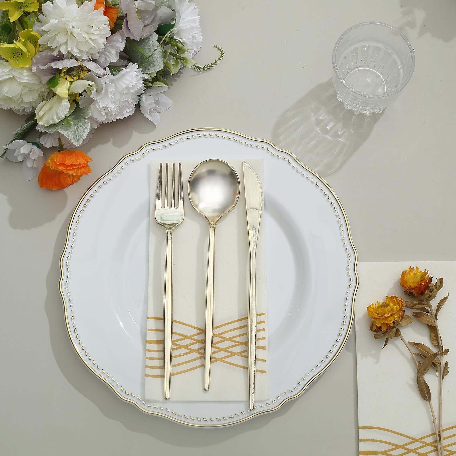 10-Pack Plastic 10" Dinner Plates in White with Gold Scalloped Rim - Disposable Large Party Plates for Upscale Events & Banquets