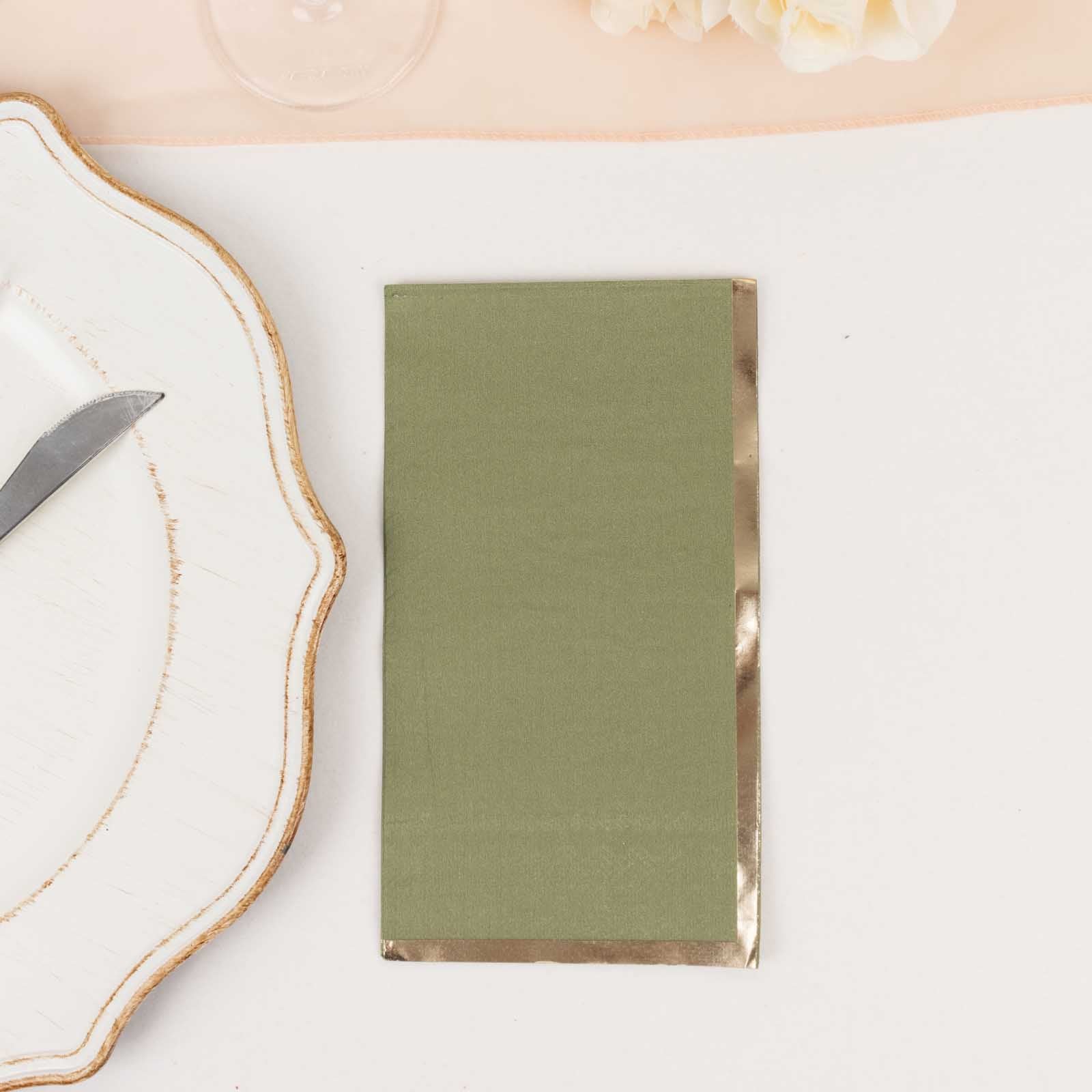 50-Pack Paper Dinner Napkins Dusty Sage Green with Gold Foil Edge 2 Ply - Stylish Disposable Napkins