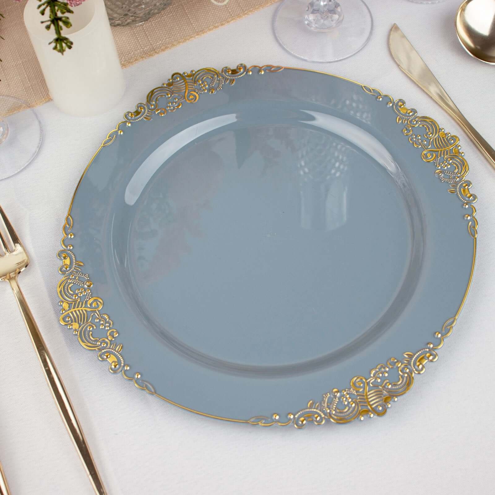 10-Pack Plastic 10" Round Dinner Plates in Dusty Blue with Gold Leaf Embossed Rim - Disposable Vintage Baroque Style Plates