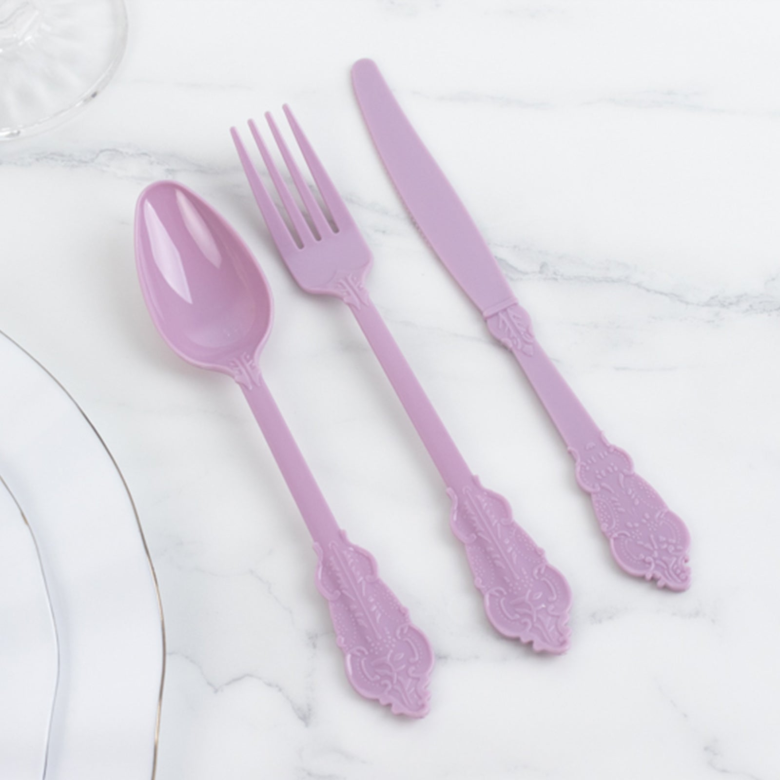 72 Pcs Plastic Silverware Set in Baroque Style Lavender Lilac - Heavy Duty Disposable Knife, Fork, and Spoon Set