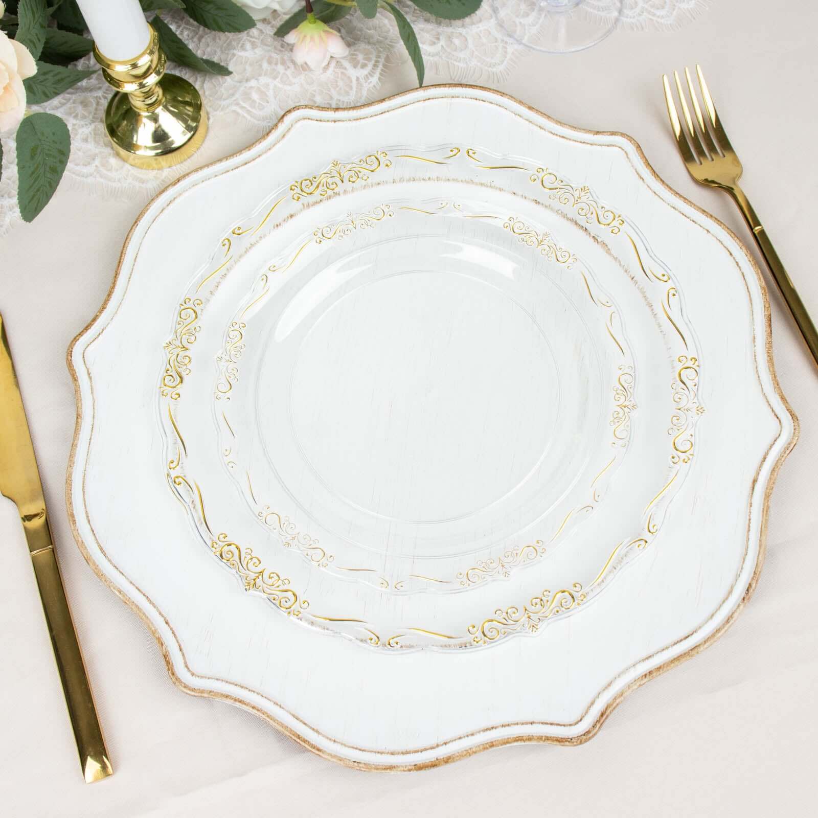 10-Pack Plastic 7" Round Dessert Plates in Clear with Gold Vintage Embossed Rim - Sturdy Disposable Scalloped Edge Salad Plates for Sophisticated Events & Celebrations
