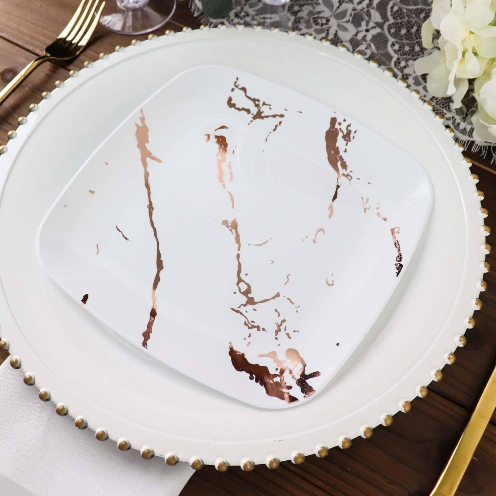 10-Pack Plastic 8" Square Dessert Plates in White with Rose Gold Marble Design - Disposable Appetizer Salad Party Plates