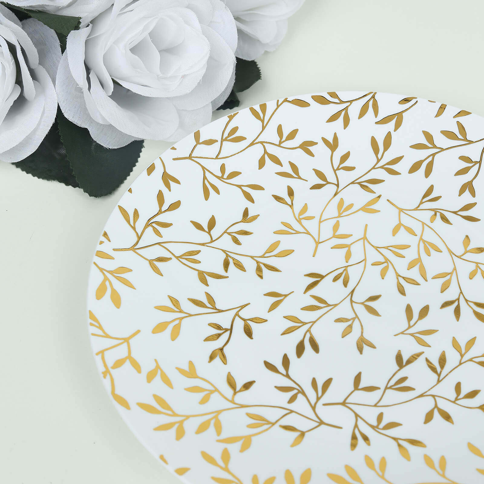 10-Pack Plastic 8" Round Salad Dessert Plates in White with Gold Leaf Design - Heavy Duty Disposable Party Plates for Stylish Events & Memorable Gatherings
