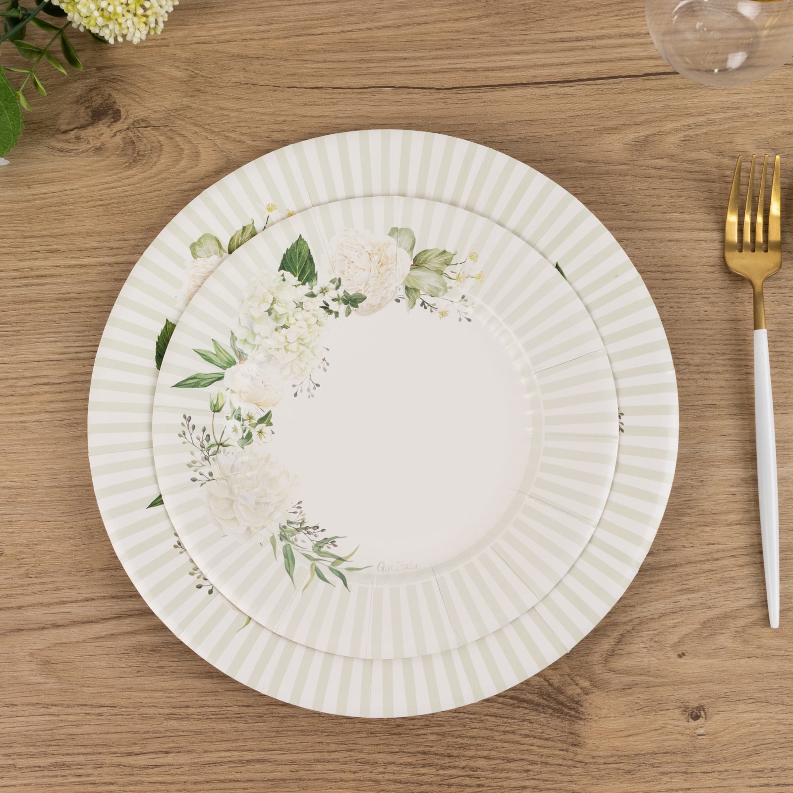 25-Pack Paper 8" Round Dessert Plates in White with Sage Green Floral Print & Lined Rim