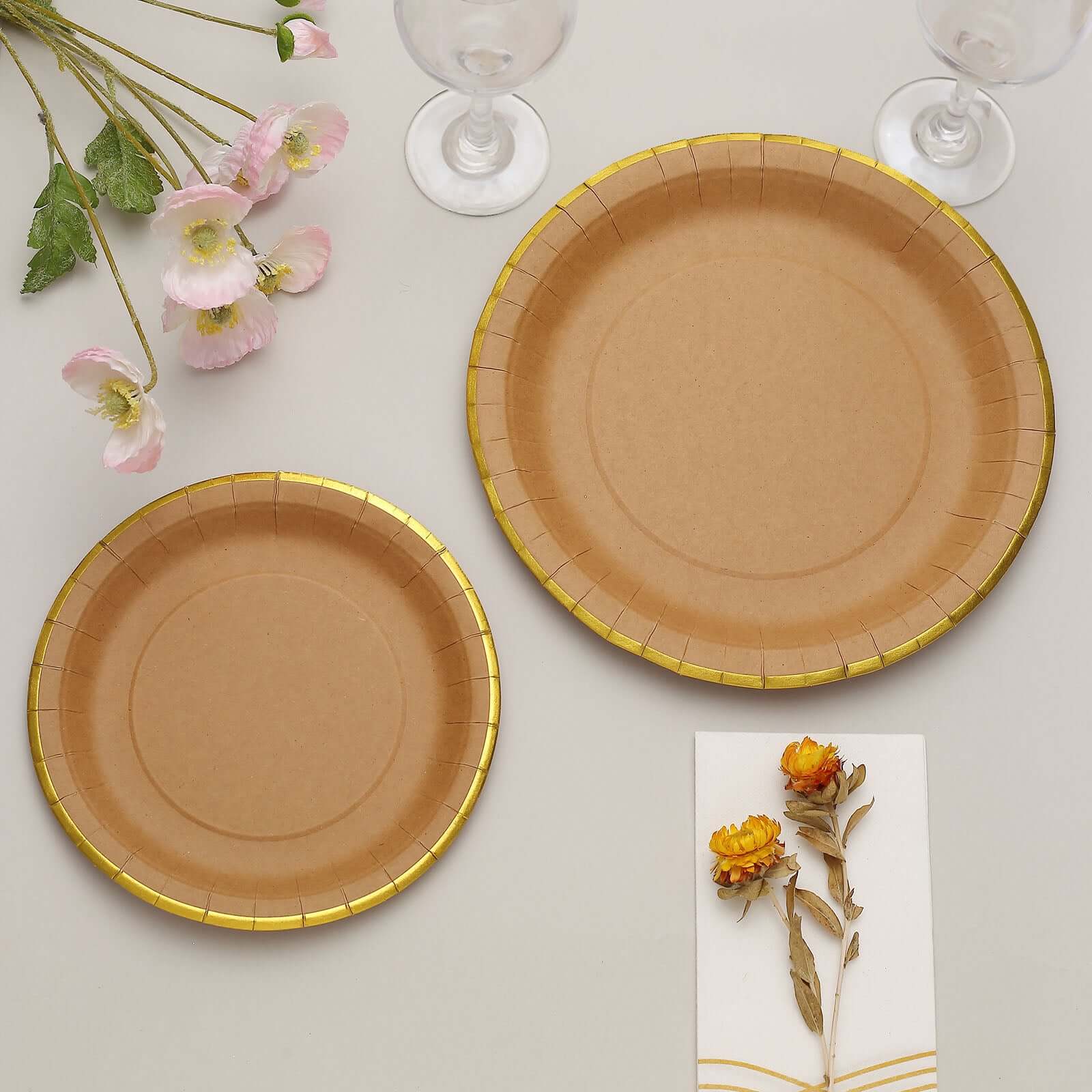 25-Pack Kraft Paper 8" Round Dessert Plates in Natural Brown with Gold Lined Rim - Disposable Salad Appetizer Plates for Rustic & Vintage Inspired Events