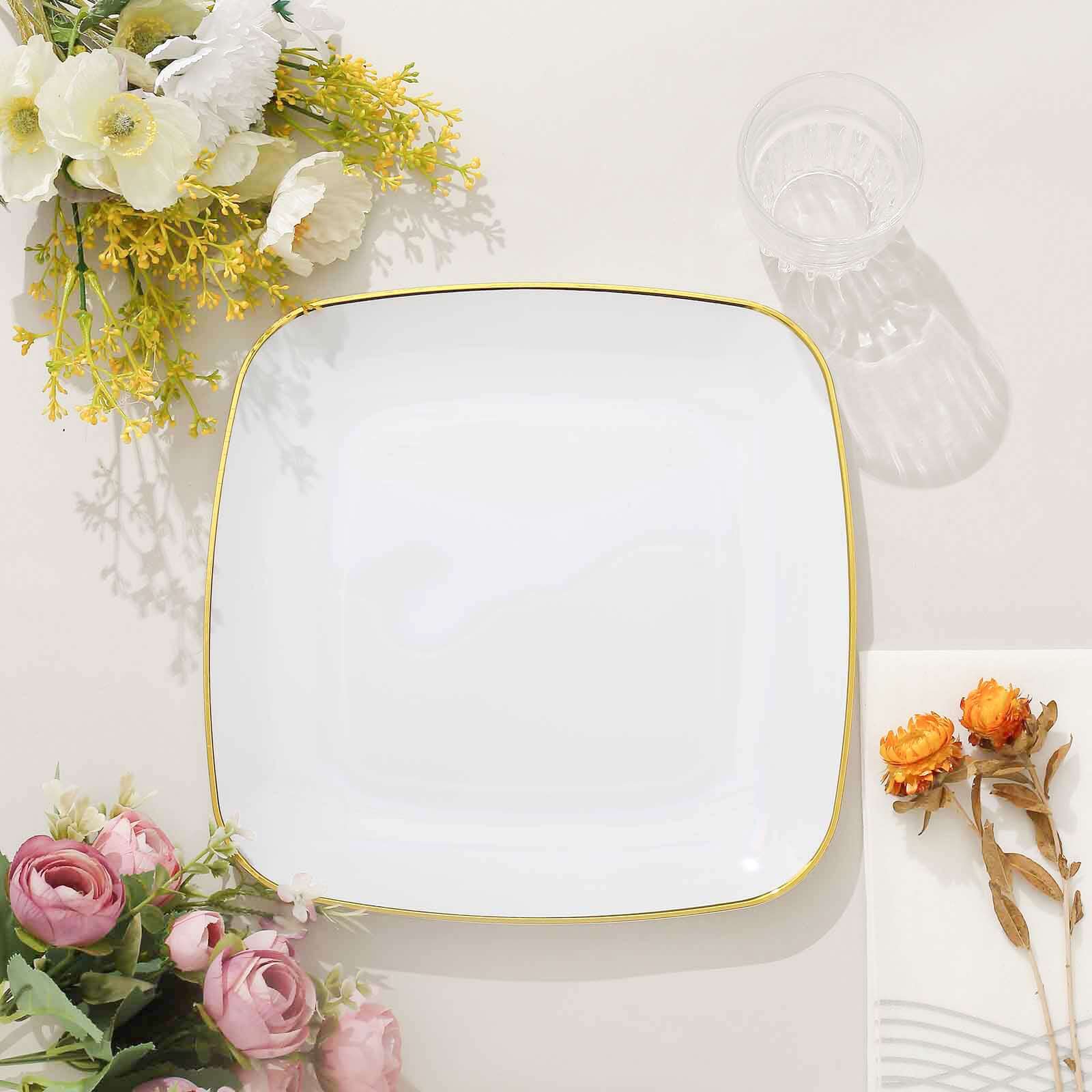 10-Pack Plastic 10" Square Dinner Plates in White with Gold Rim - Classy Disposable Lunch Party Plates for Weddings & Special Events