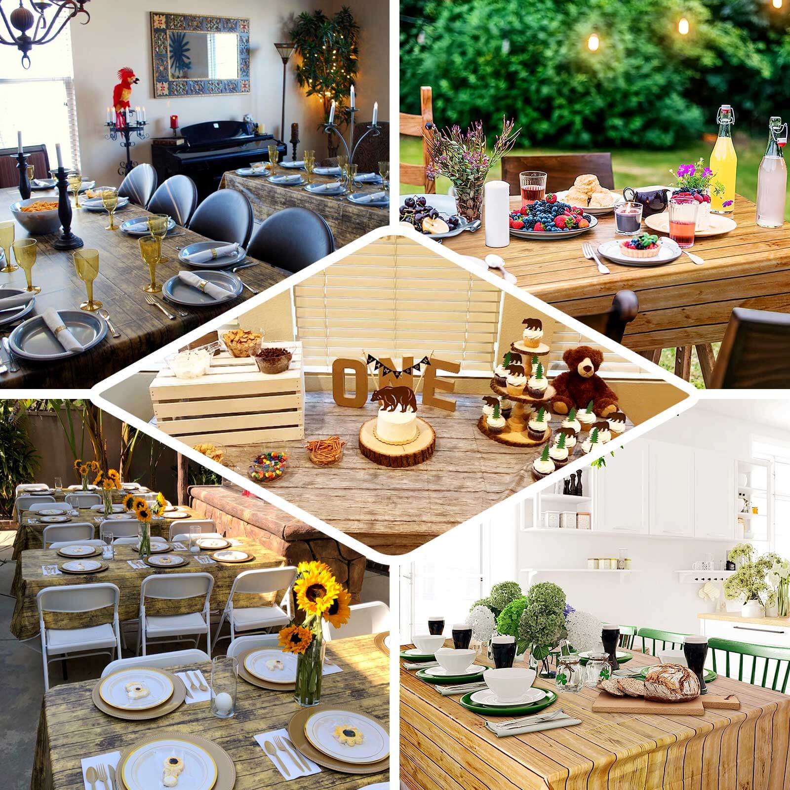 5-Pack Plastic Tablecloths Charcoal Gray Rectangle with Rustic Wooden Print - Stylish PVC Disposable Covers 52"x108"