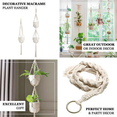 2-Tier Hanging Planter Basket with Tassels Ivory Double Boho Design - Cotton Rope Indoor Decorative Holders
