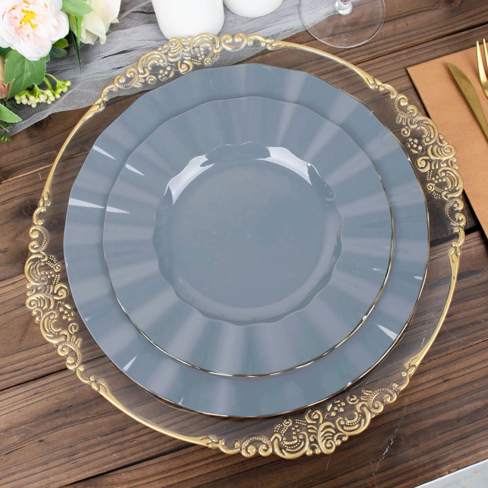 10-Pack Plastic 9" Round Dinner Plates in Dusty Blue Ruffled Rim with Gold Edging - Sturdy Disposable Dinnerware