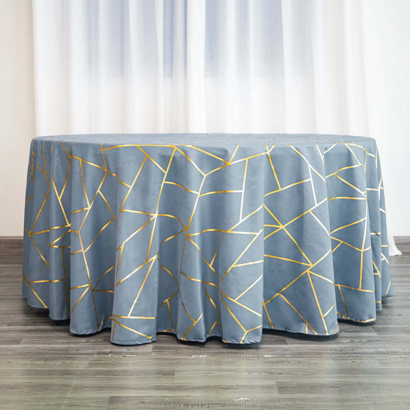 Polyester 120" Round Tablecloth Dusty Blue with Gold Foil Geometric Pattern Wrinkle-Resistant Seamless Table Cover