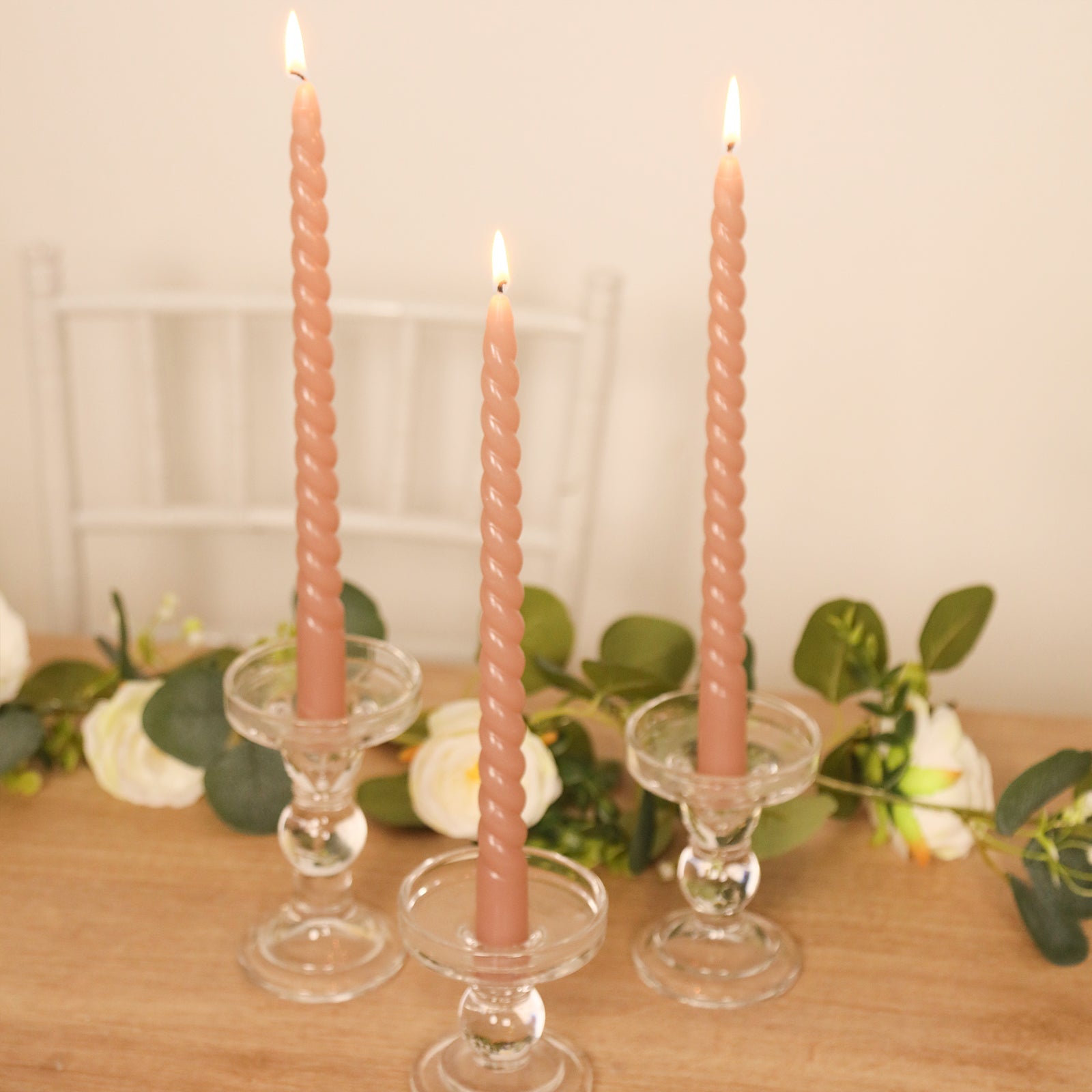 12-Pack Taper Candles Spiral Long Burn Wick Design Dusty Rose - Premium Unscented Wax Dinner Candle Sticks 11"