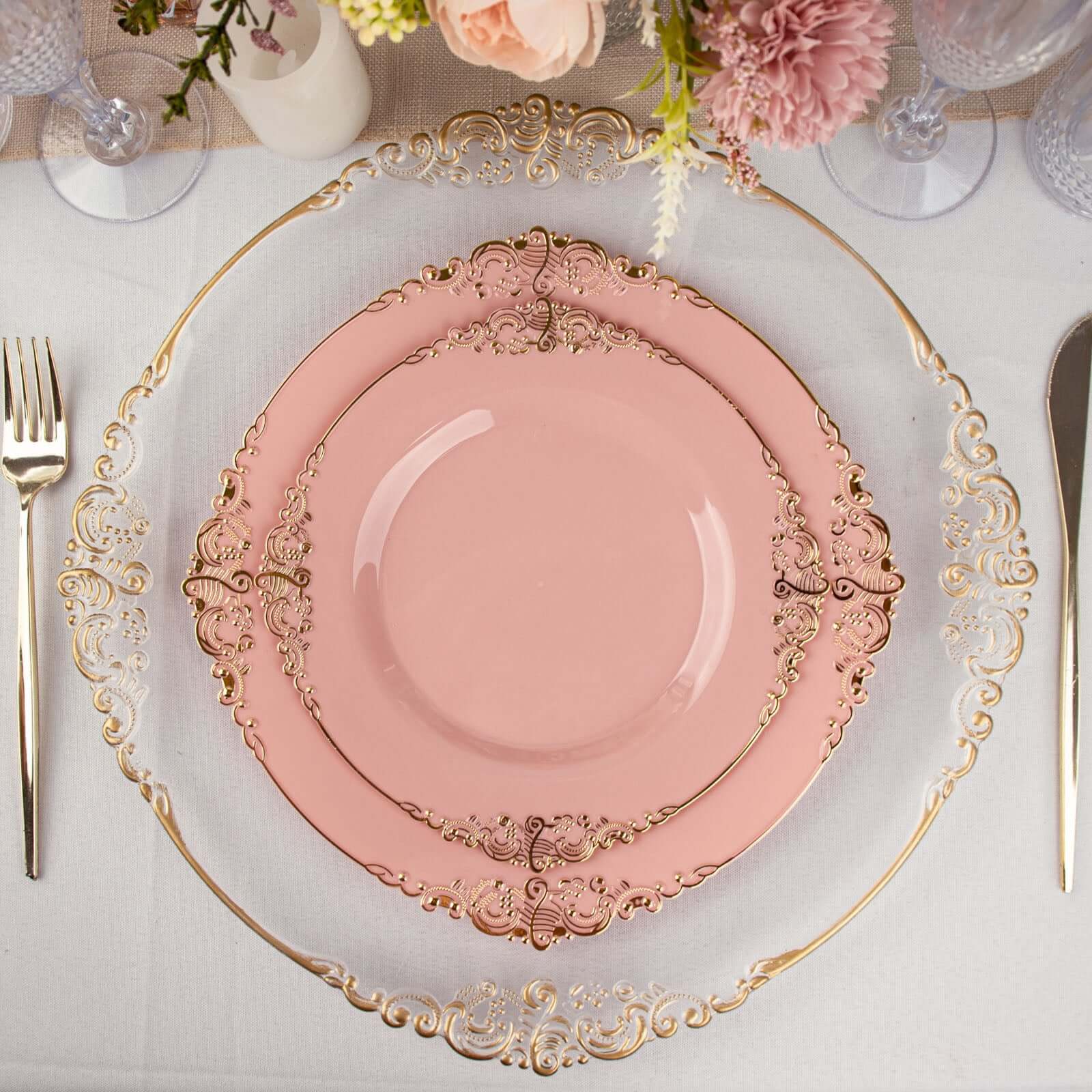10-Pack Plastic 10" Round Dinner Plates in Dusty Rose with Gold Leaf Embossed Rim - Disposable Vintage Baroque Style Plates