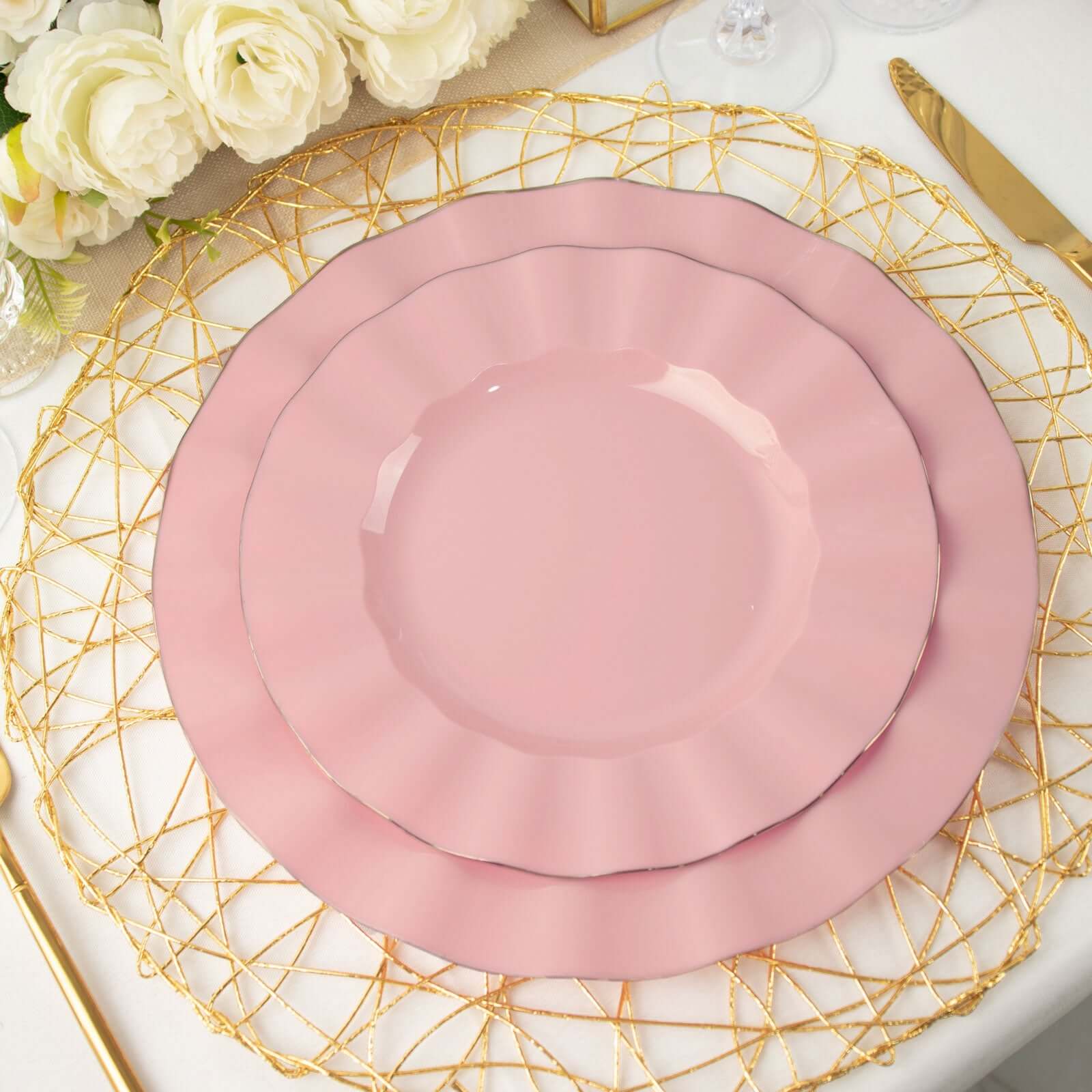 10-Pack Plastic 9" Round Dinner Plates in Dusty Rose Ruffled Rim with Gold Edging - Sturdy Disposable Dinnerware