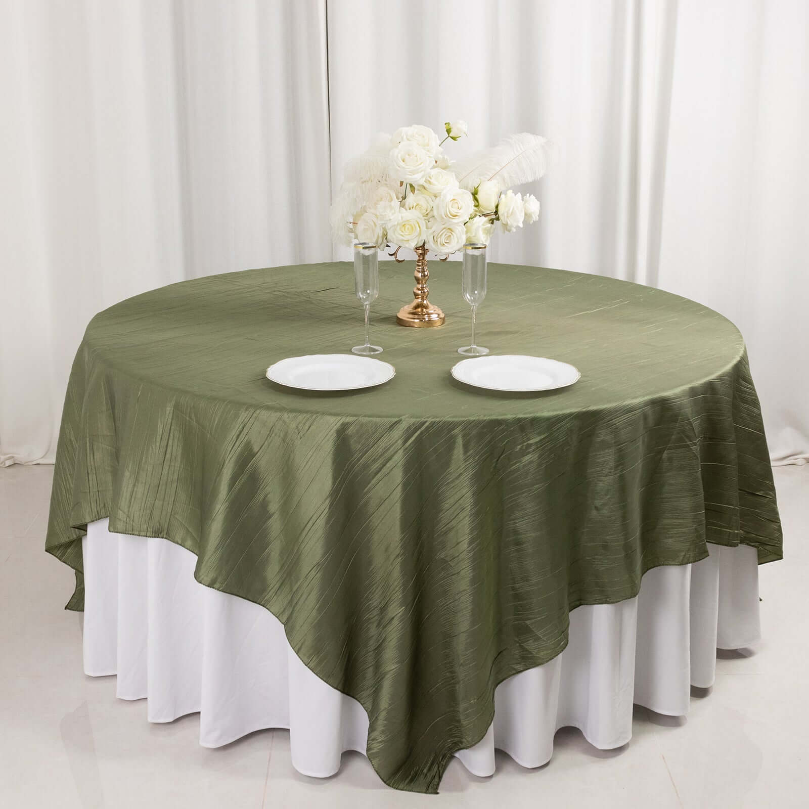 Taffeta 90"x90" Table Overlay Square Tablecloth Dusty Sage Green - Accordion Crinkle Table Cover
