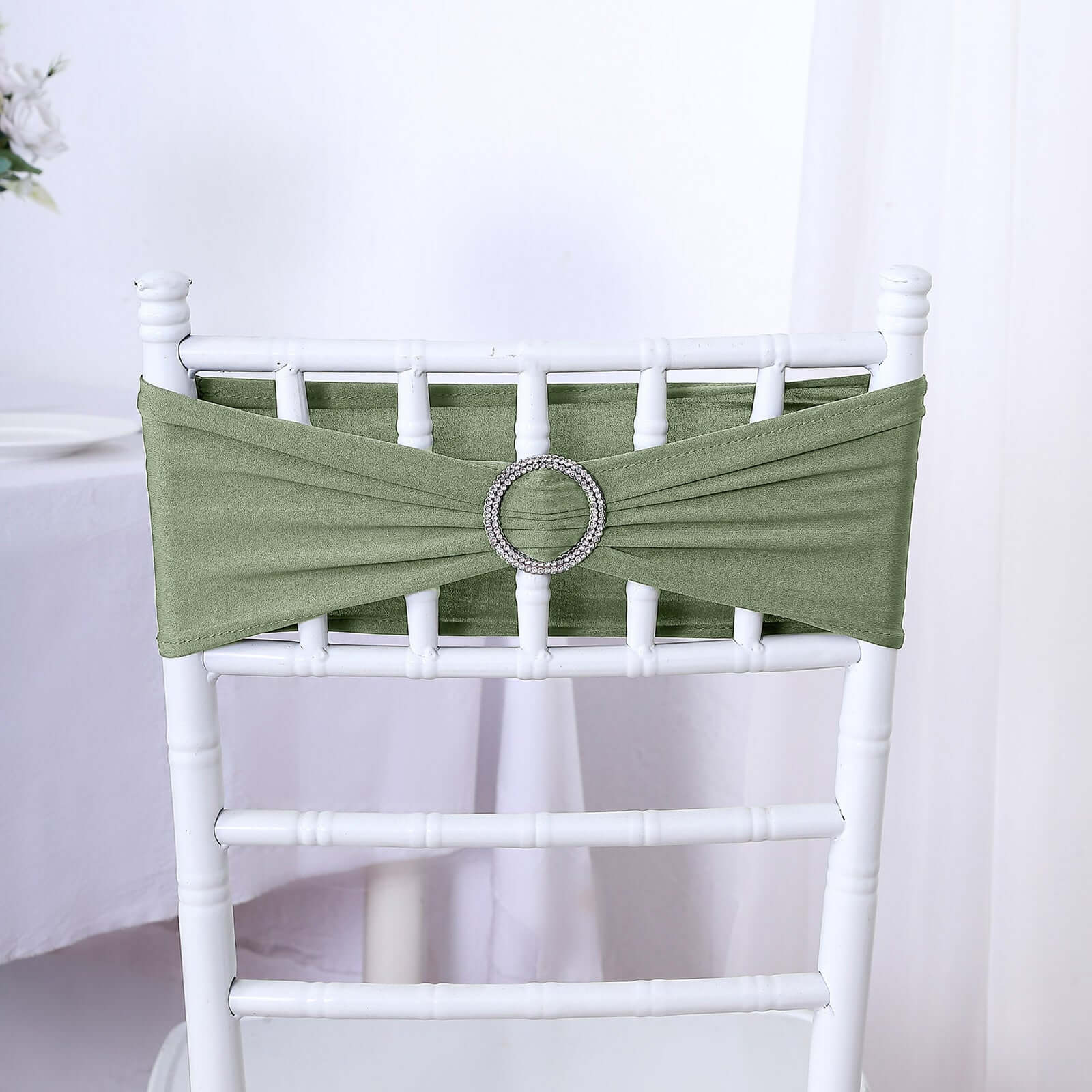 5 Pack Stretch Spandex Chair Sashes Dusty Sage Green - Reusable Chair Bands with Silver Diamond Ring Slide Buckle 5"x14"