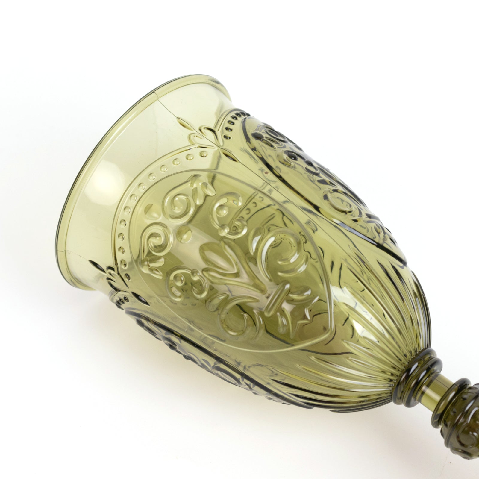 24-Pack Plastic Wine Glasses 10oz – Transparent Dusty Sage Green Vintage Goblets with Retro Embossed Design, Elegant Drinkware - 7" Tall