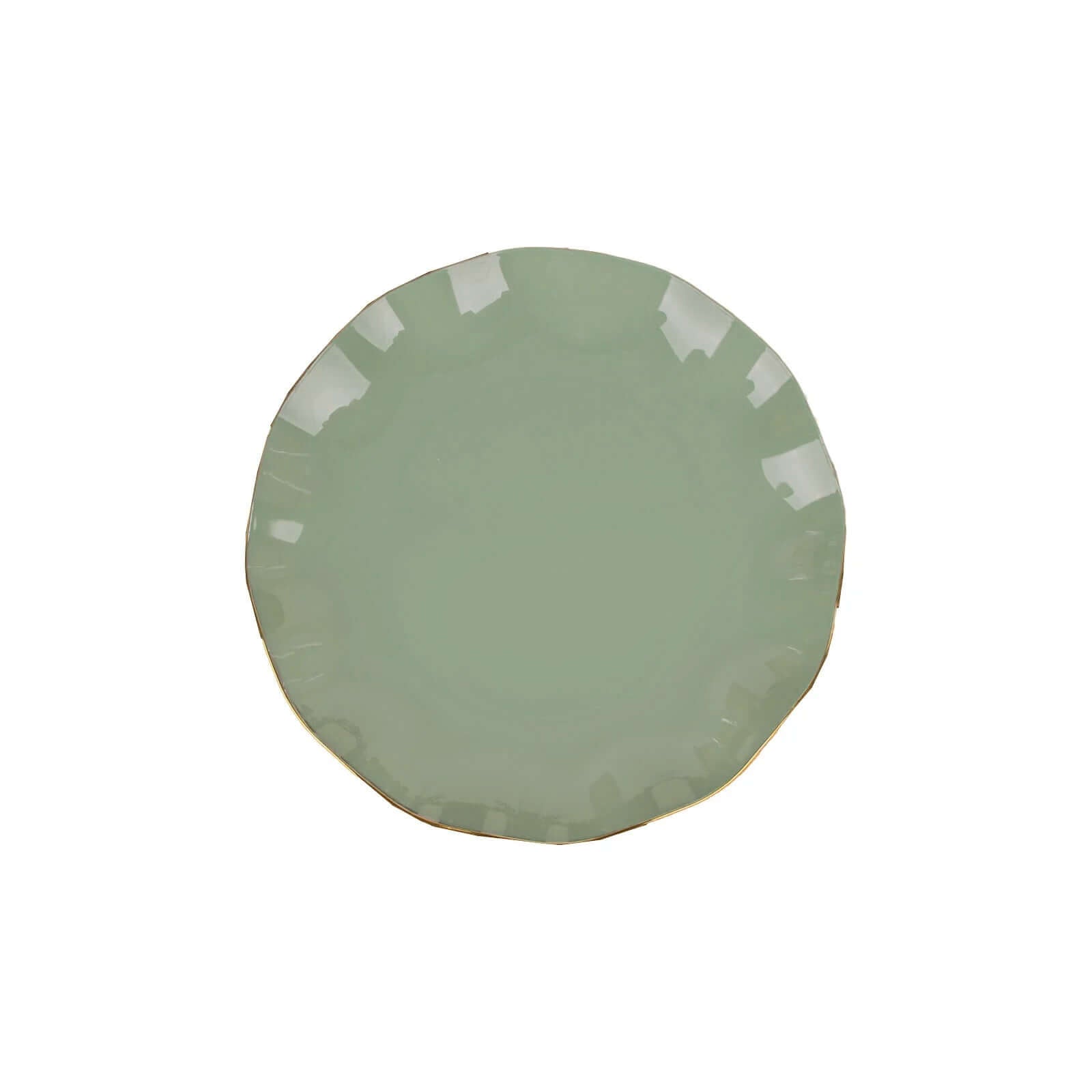 10-Pack Plastic Round 6" Dessert Plates in Dusty Sage Green Ruffled Rim with Gold Edging - Sturdy Disposable Salad Appetizer Dinnerware