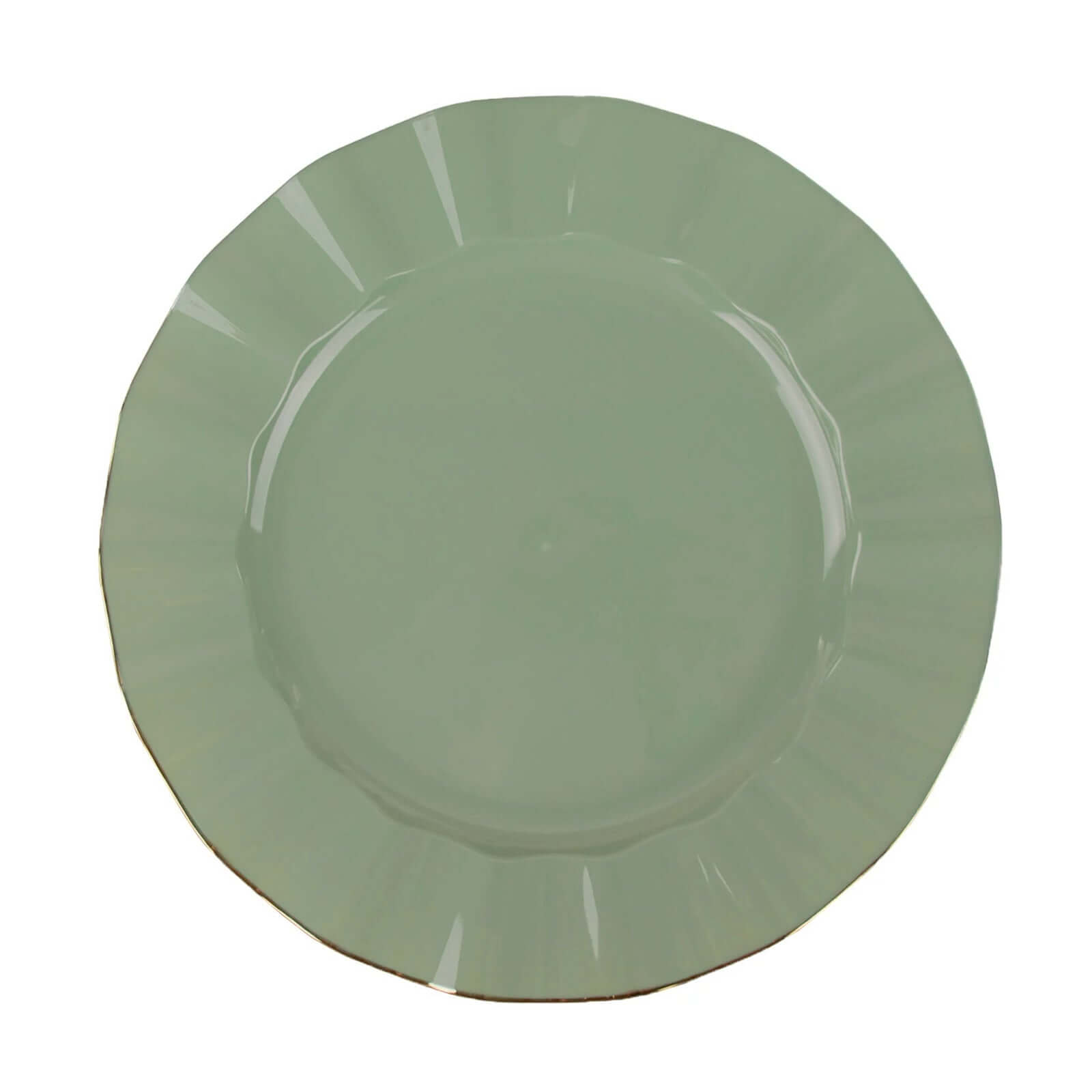 10-Pack Plastic 11" Round Dinner Plates in Dusty Sage Green Ruffled Rim with Gold Edging - Sturdy Disposable Dinnerware