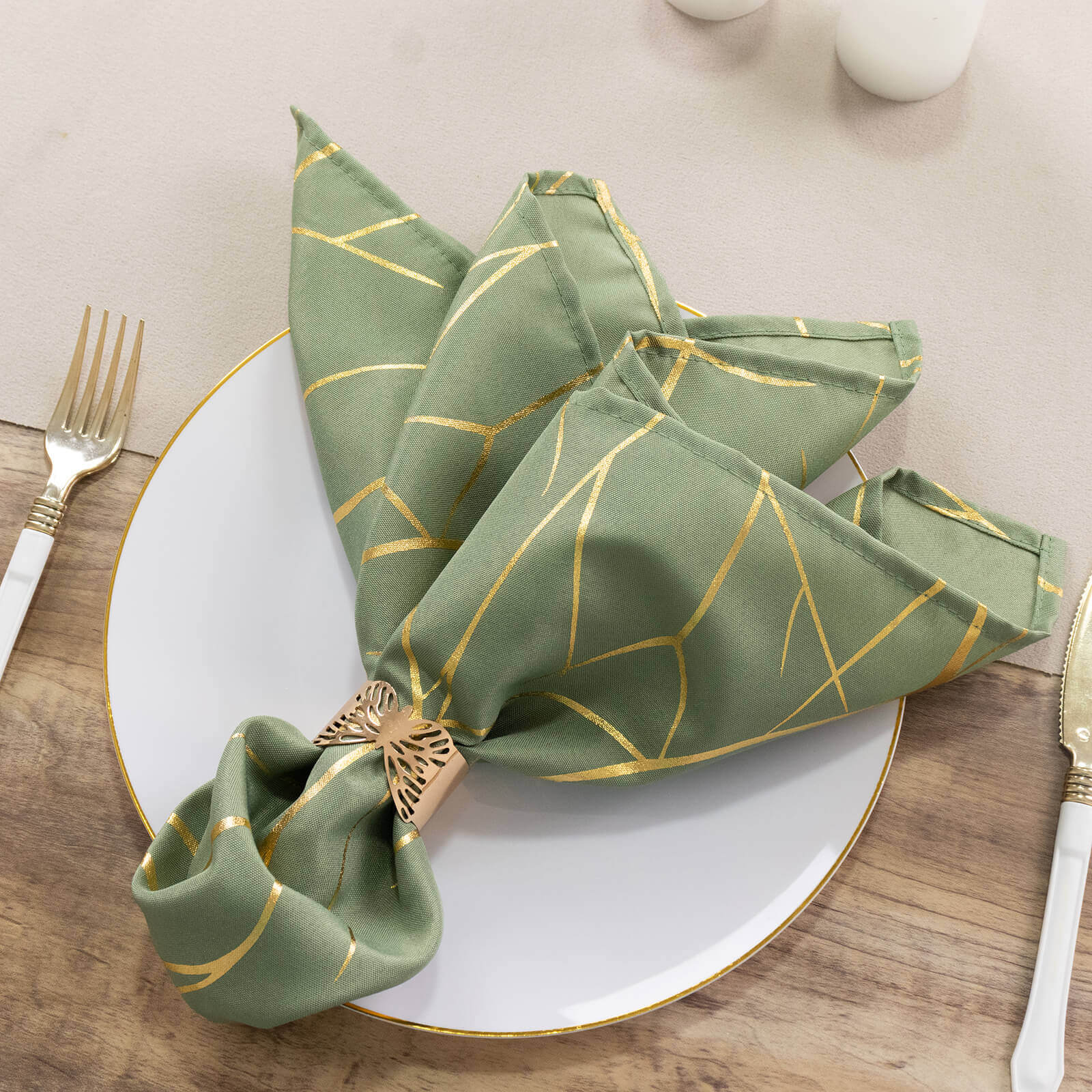 5 Pack Polyester 20"x20" Napkins Dusty Sage Green with Gold Foil Tree Branch Pattern - Modern Wrinkle Resistant Cloth Napkins for Weddings & Parties