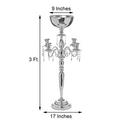 Metal Candelabra 4 Arm Design Silver with Flower Vase Bowl - Table Centerpiece for Weddings 33"