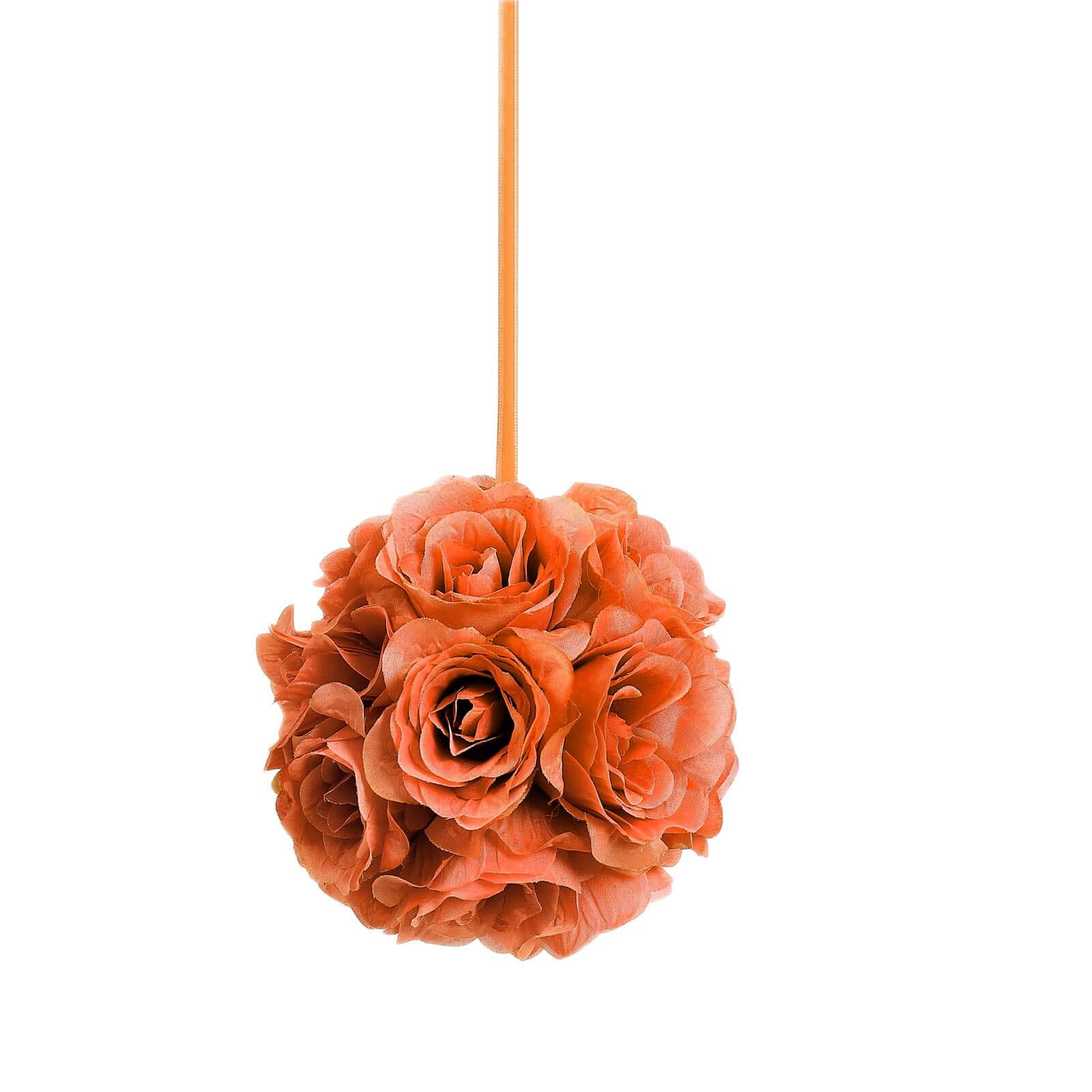 2 Pack 7" Terracotta (Rust) Artificial Silk Rose Kissing Ball, Faux Flower Ball