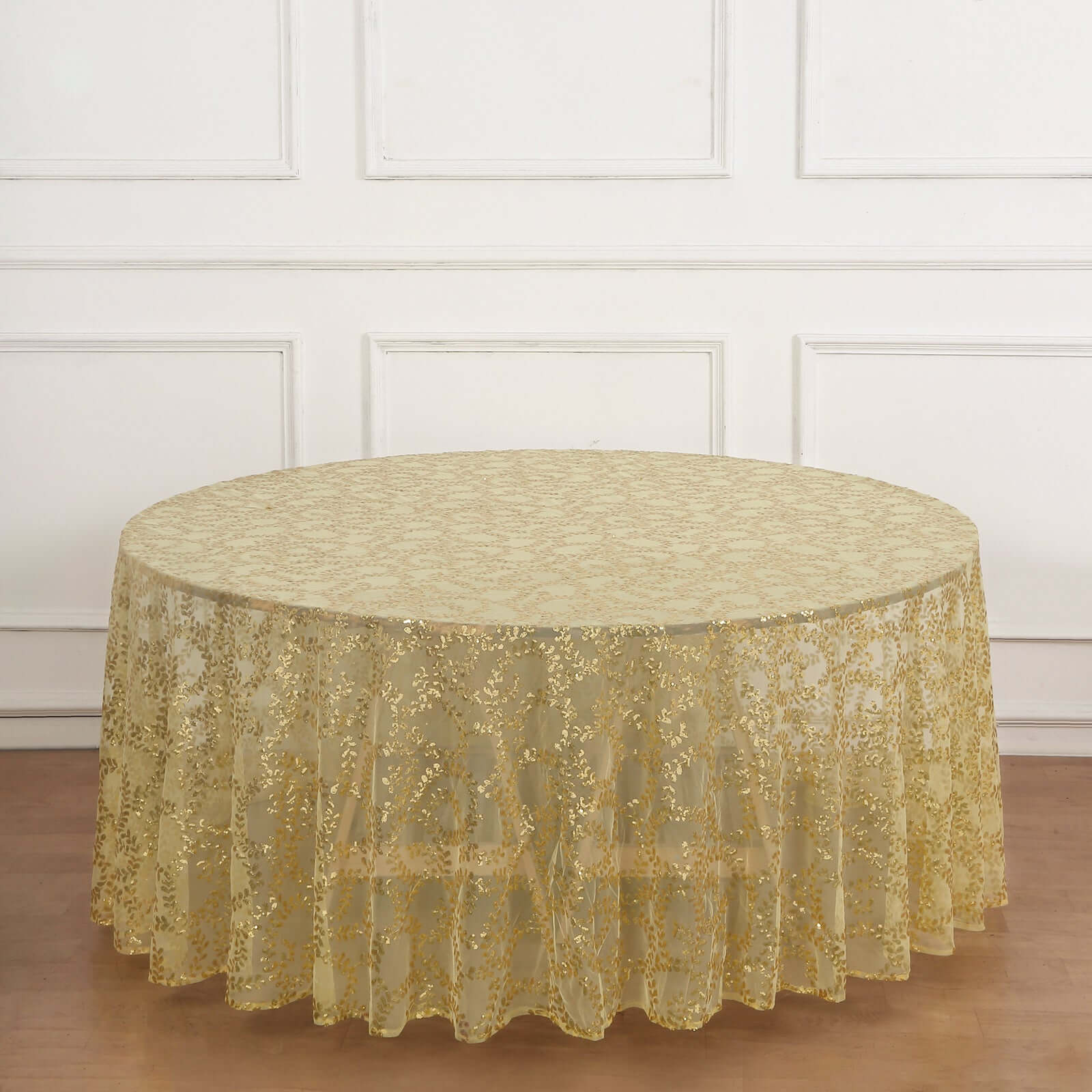 Tulle 120" Round Tablecloth Gold - Seamless Sequin Leaf Embroidered Design for Sophisticated Occasions
