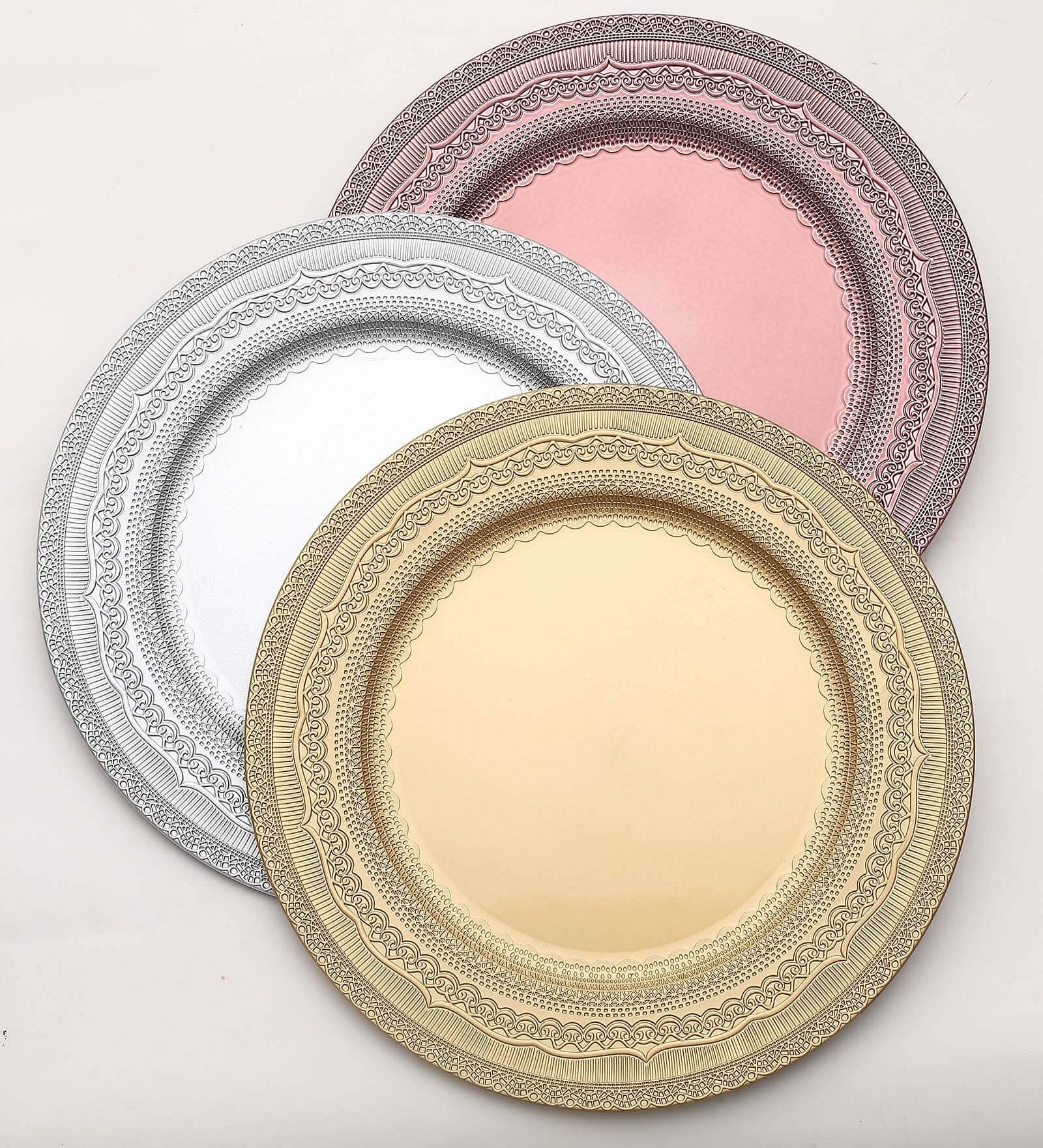 6-Pack Acrylic Round Charger Plates 13" in Gold with Lace Embossed Rim, Rustic Plastic Decorative Charger Tableware