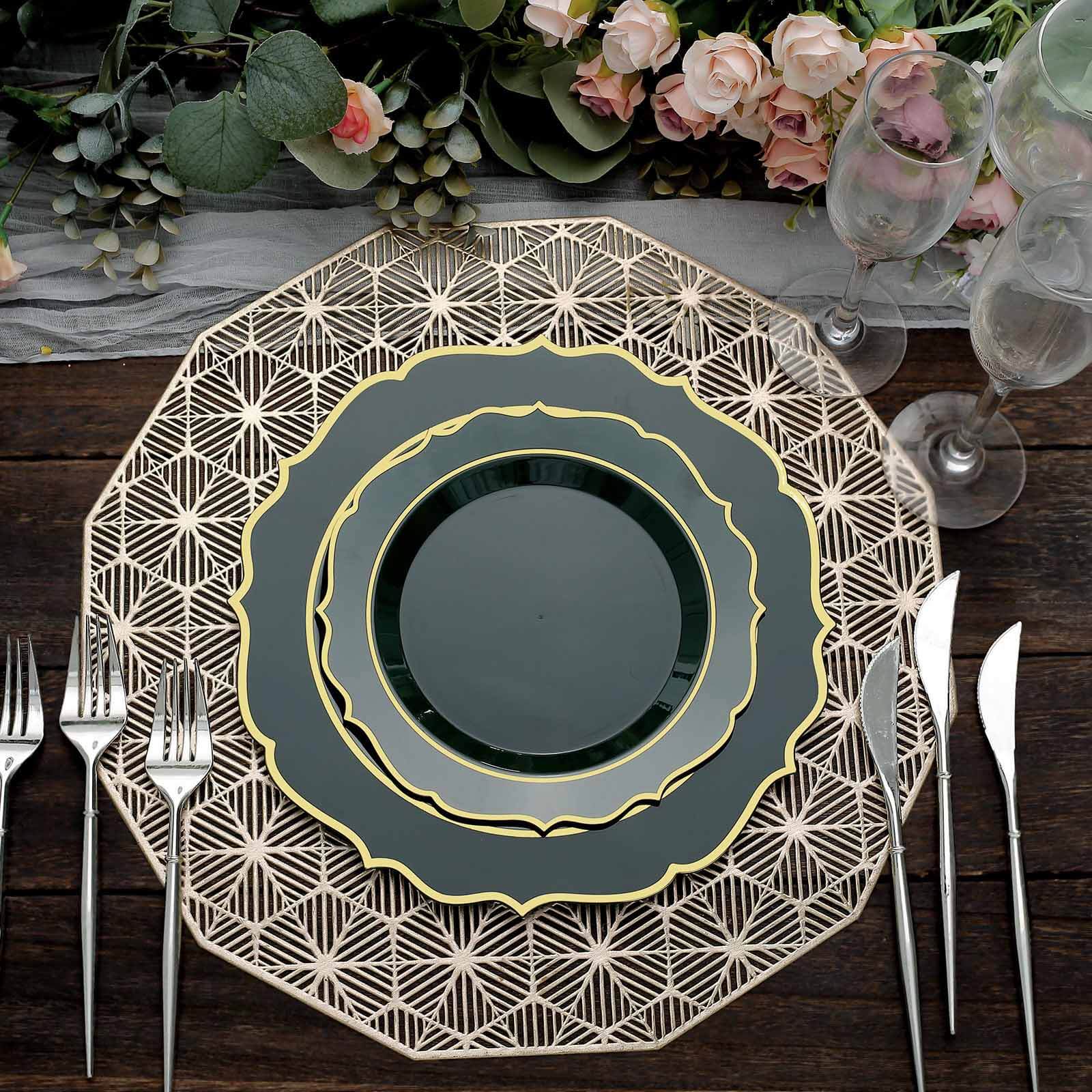 10-Pack Plastic 8" Round Dessert Plates in Hunter Emerald Green with Gold Scalloped Rim - Disposable Appetizer/Salad Plates