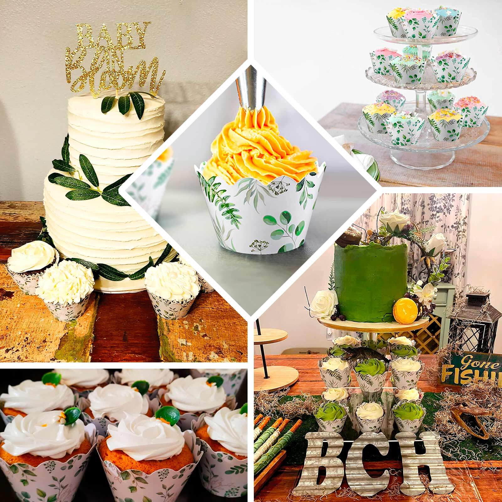 25-Pack Paper Cupcake Wrappers Eucalyptus Leaves Print White Green - Round Muffin Truffle Cup Liners 3"