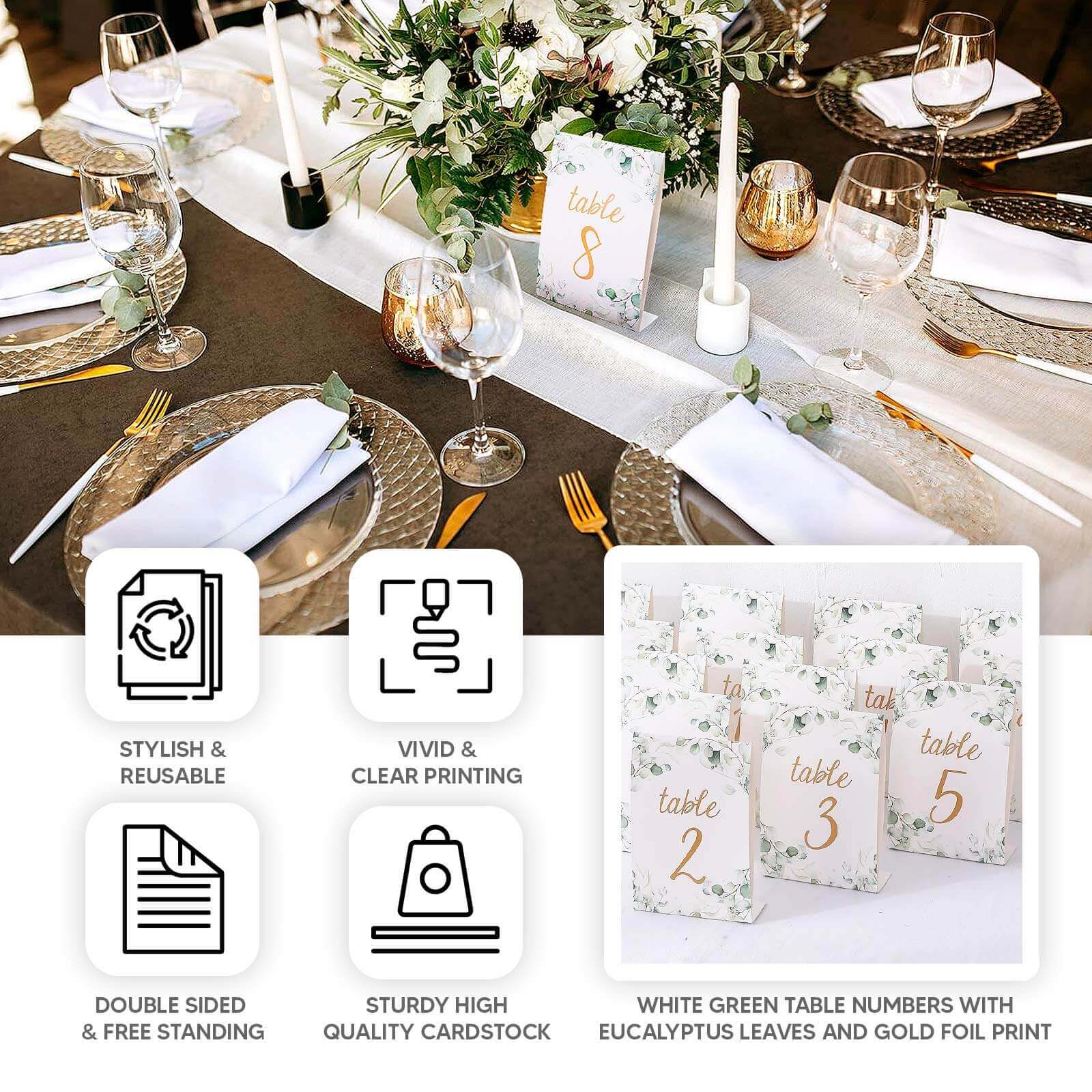 25-Pack Paper Wedding Table Numbers 1-25 White/Green Eucalyptus Leaves Design - Free Standing Double Sided Table Signs with Glam Gold Foil Numbers 7"