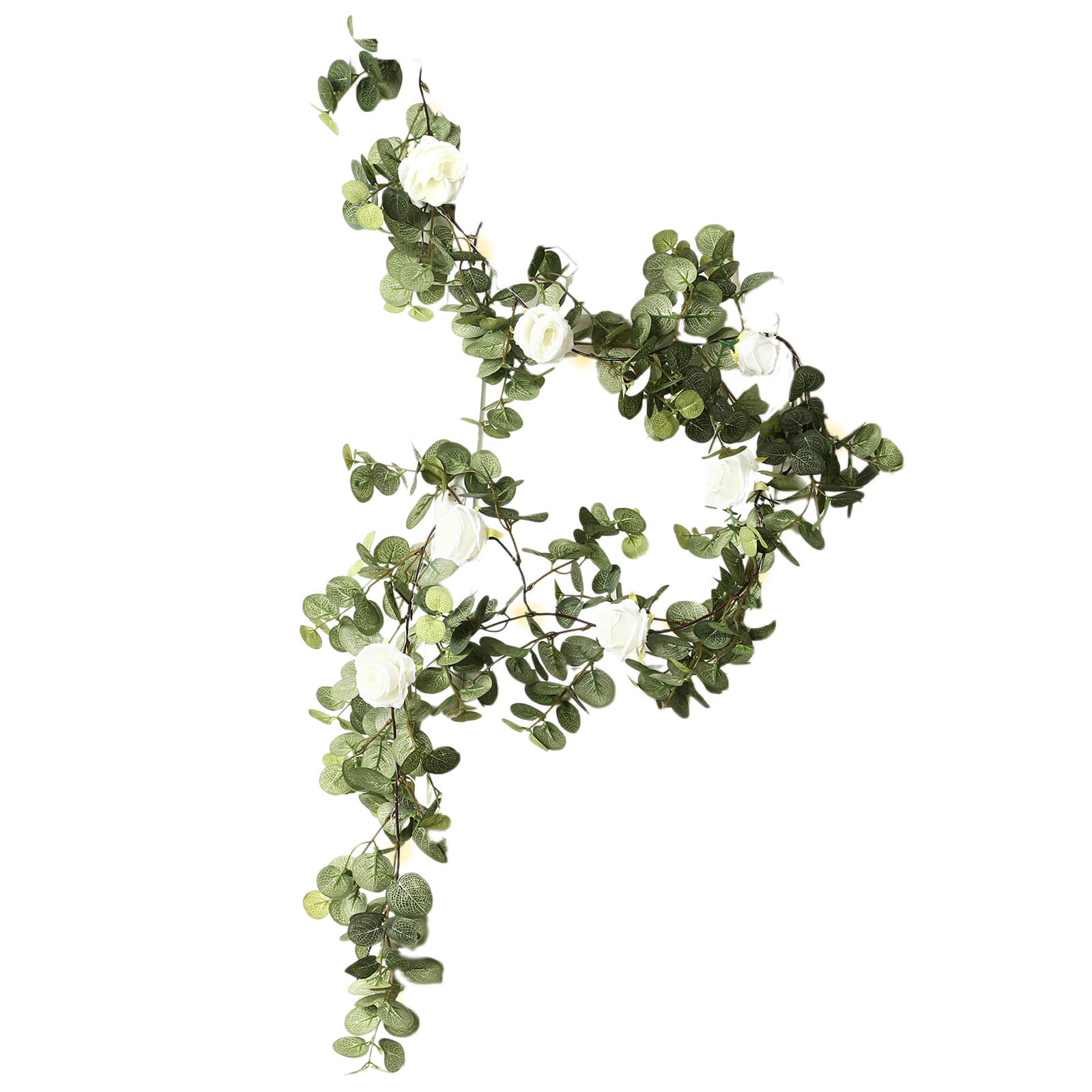 6ft Lighted Eucalyptus Garland with Ivory Roses & Battery-Operated Fairy Lights – Faux Greenery Vine