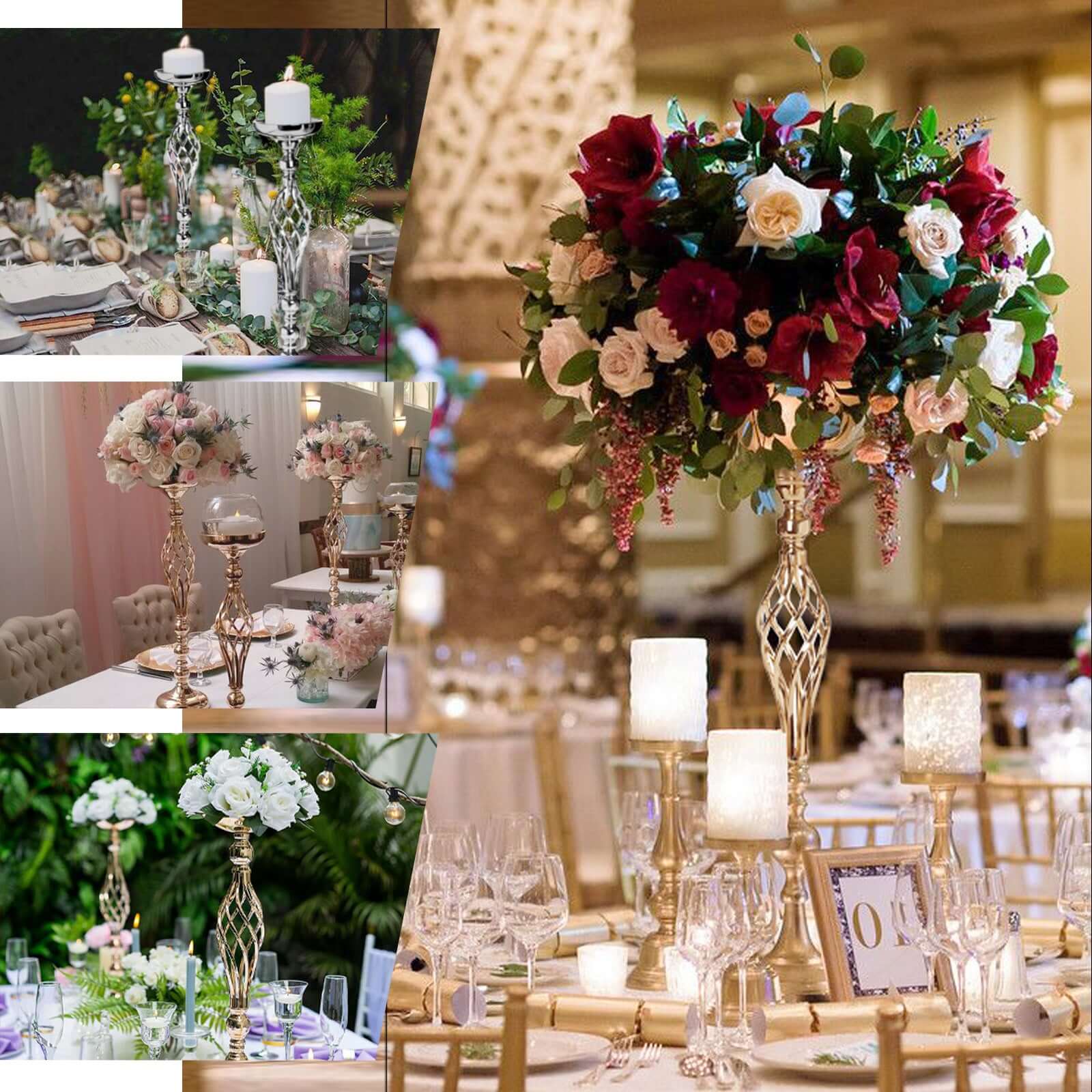 2-Pack Metal Pillar Candle Holders Reversible Flower Ball Pedestal Design Gold - Decorative Event Centerpieces 26"