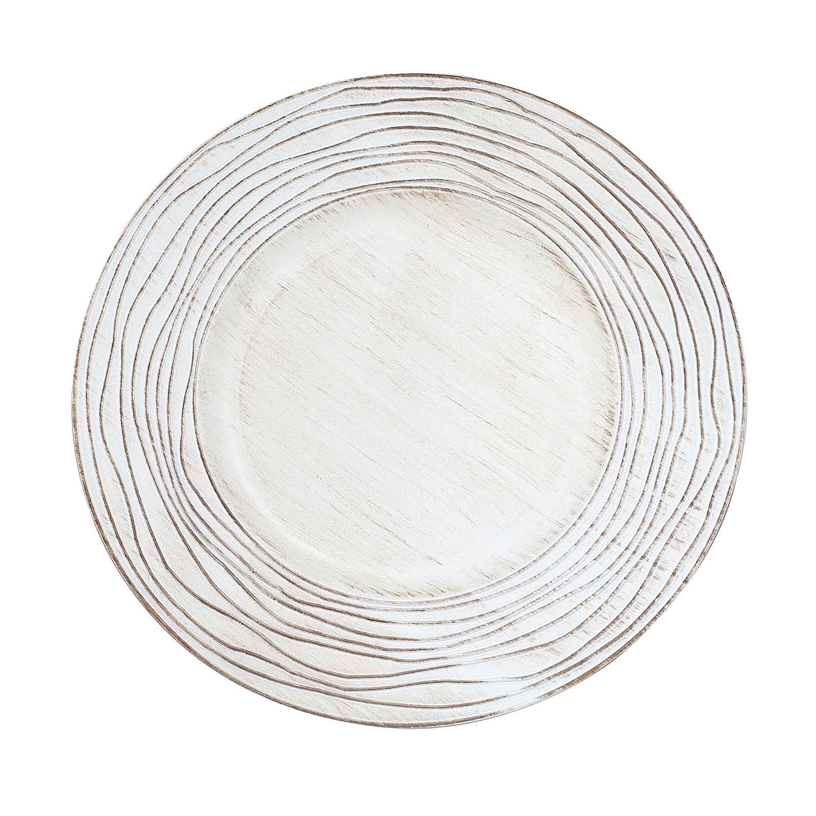 6-Pack Faux Wood Round Charger Plates 13" White Washed with Rose Embossed Rim, Disposable Plastic Charger Tableware