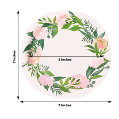 25-Pack Paper 7" Round Dessert Plates in White with Rose/Peony Flower Wreath - Disposable Appetizer Salad Plates for Special Occasions & Gatherings