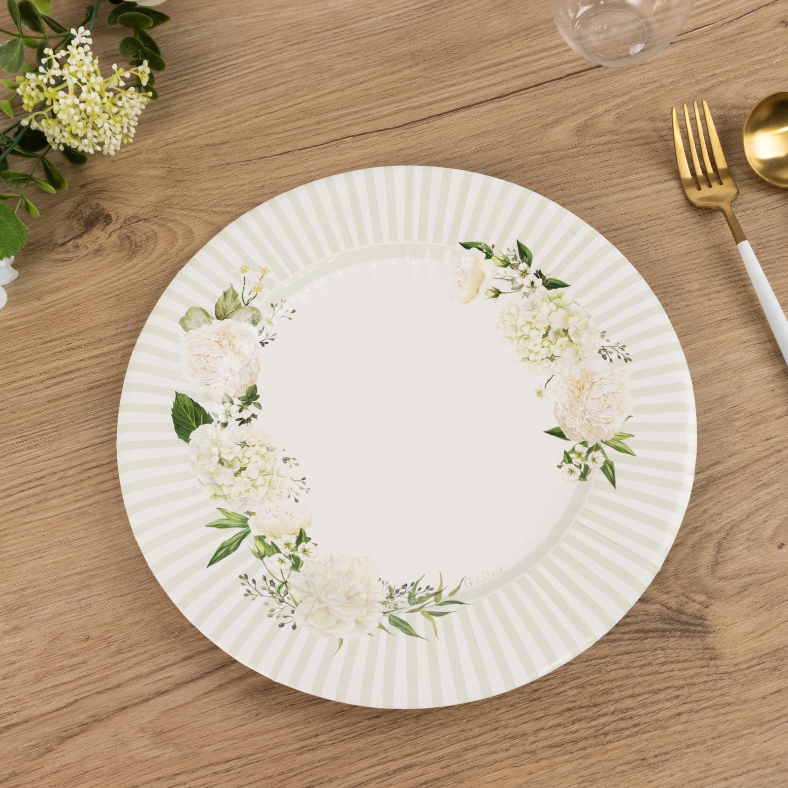 25-Pack Paper 10" Round Dinner Plates in White with Sage Green Floral Print & Lined Rim - Disposable Party Plates for Bridal Showers & Luncheons