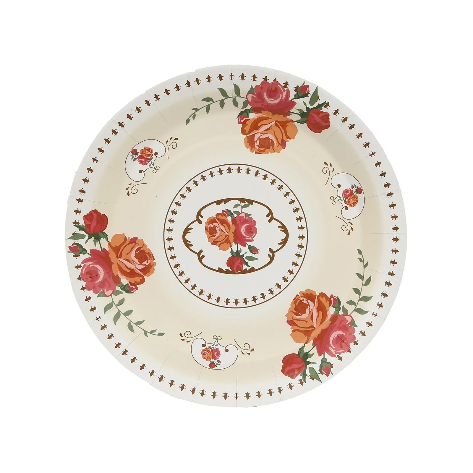 25-Pack Paper 9" Round Dinner Plates in Ivory with Vintage Rose Flower Print - Disposable Plates for High Tea Gatherings & Romantic Celebrations